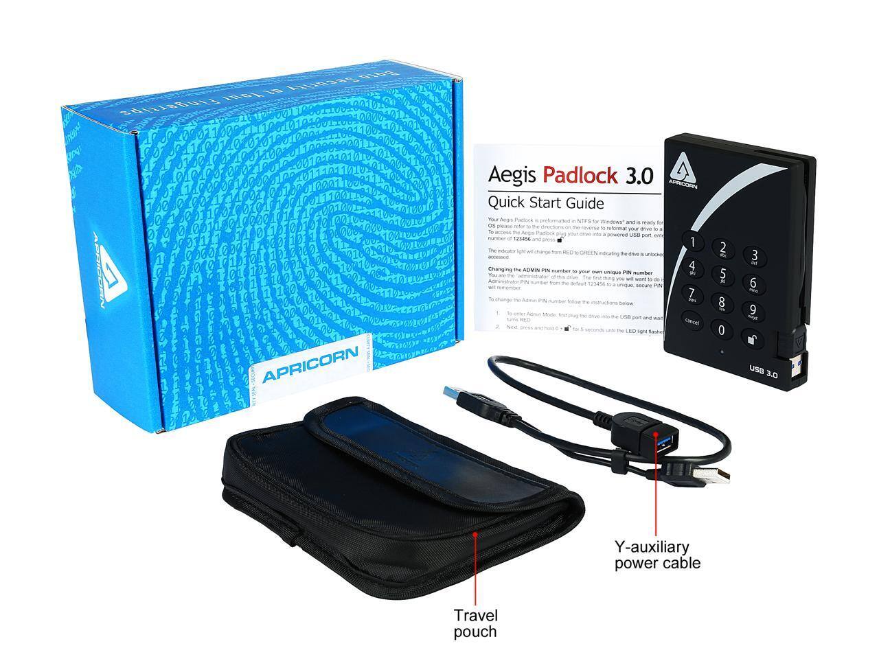 9G 19 LRcHris WOr Fingertipe oY 20 0 0 0 1S 0 APRICORN Aegis Padlock 3.0 AMRCOEN Quick Start Guide Your Aegis Padlock is preformatted in NTFS for Windows and is ready for OS. Please refer to the directions on the reverse to reformat your drive. To address the Aegis Padlock, power USB port on the unit, and press 1 -e to change the ADMIN PIN number to your own PIN number. To change the ADMIN PIN number from the default 123456, follow the steps below: 1. To enter Admin Mode, first plug the drive into the USB port and enter the default PIN number 123456. 2. The indicator light will change to RED. 3. Press the LOCK button to change the PIN number. 4. Enter your new PIN number. 5. Press the LOCK button again to confirm. 6. The indicator light will change to GREEN, indicating the drive is unlocked. 7. To change the Admin PIN number, follow the steps below: 1. To enter Admin Mode, first plug the drive into