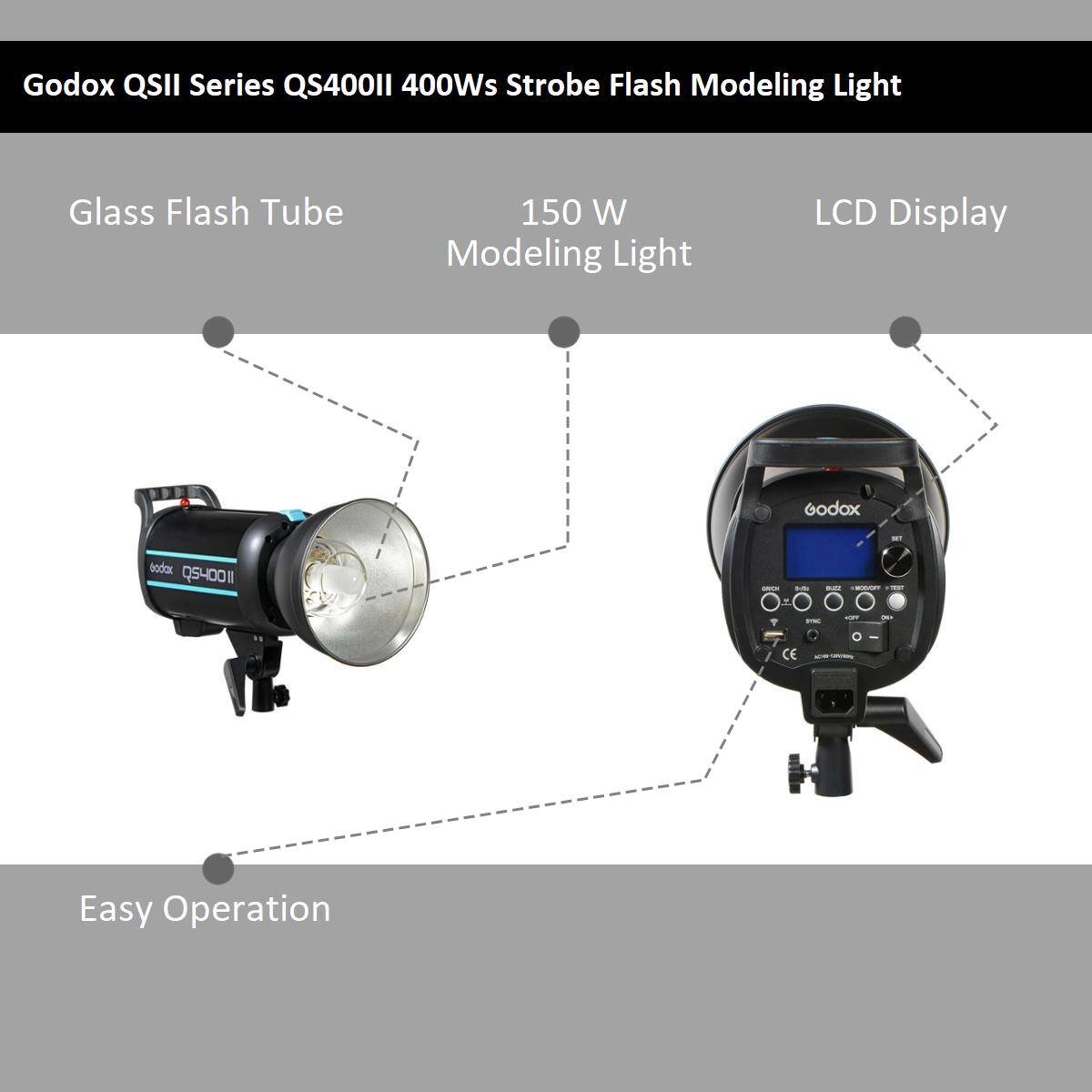 Godox QSII Series QS400II 400Ws Strobe Flash Modeling Light Glass Flash Tube 150 W Modeling Light LCD Display Godox bodax QS400 - - . - - - - - CE Easy Operation
