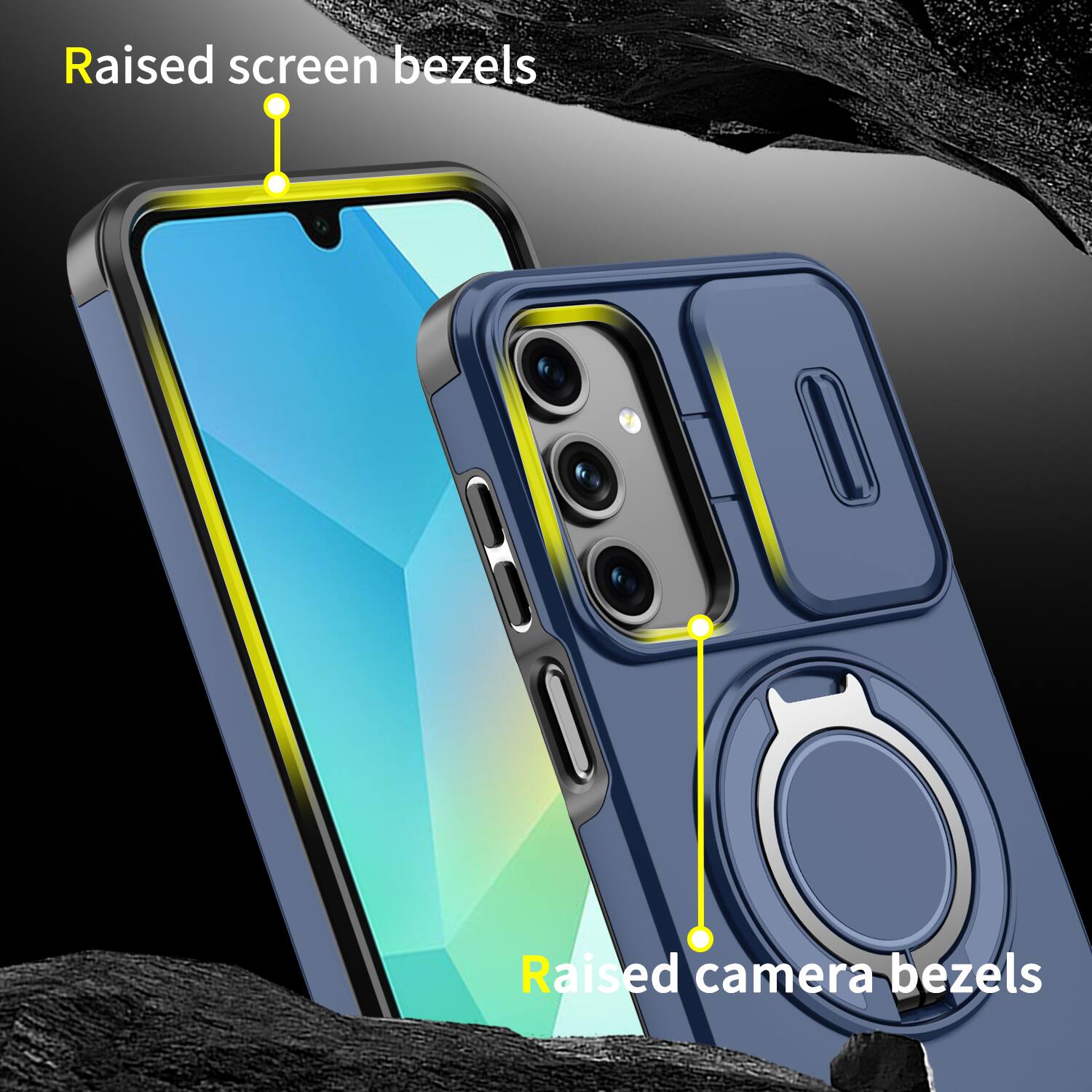 Raised screen bezels  
Raised camera bezels