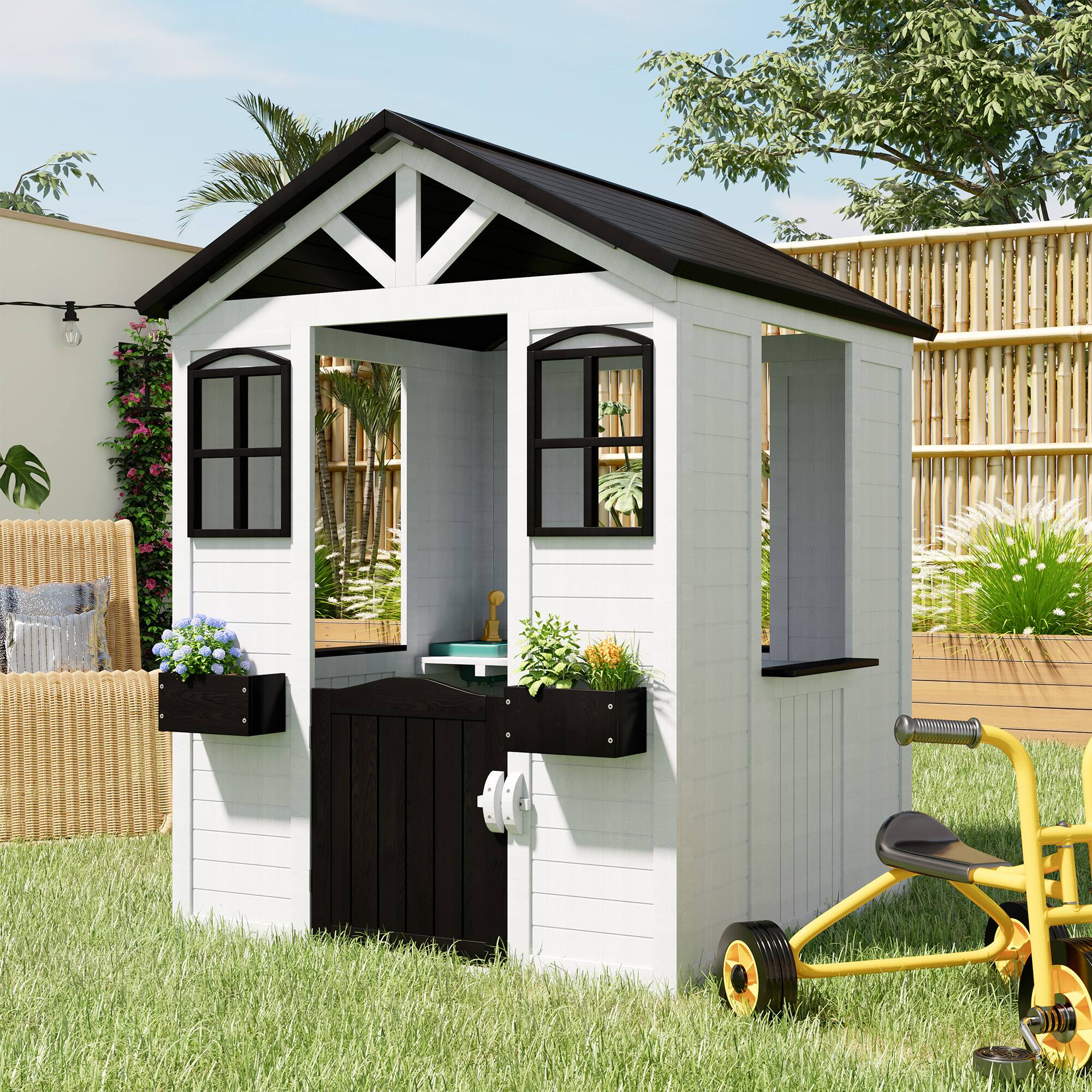 Back. U-HOMY - White Wooden Playhouse for Kids with Door & Windows - White.