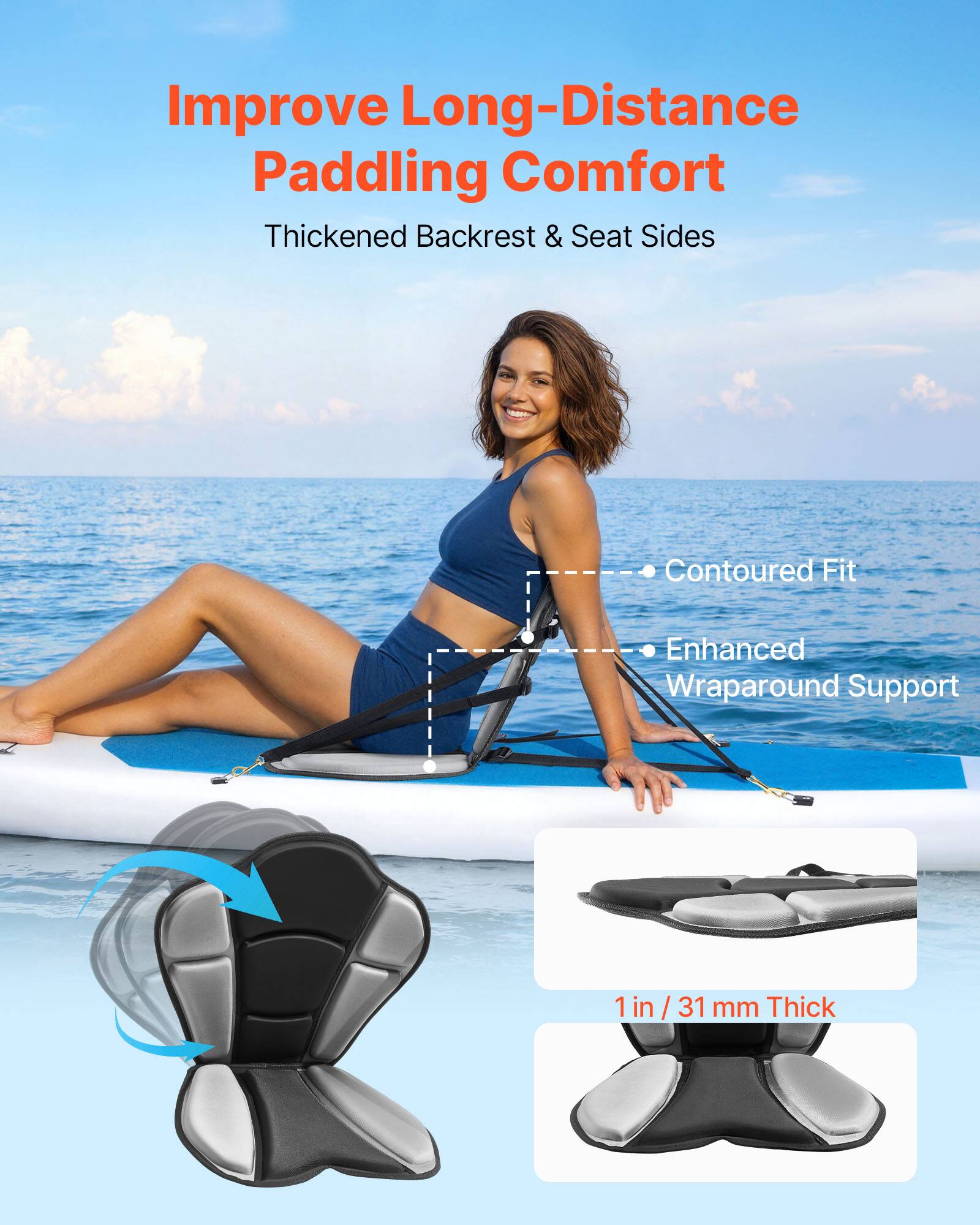 Improve Long-Distance Paddling Comfort  
Thickened Backrest & Seat Sides  
Contoured Fit  
Enhanced Wraparound Support  
1 in / 31 mm Thick