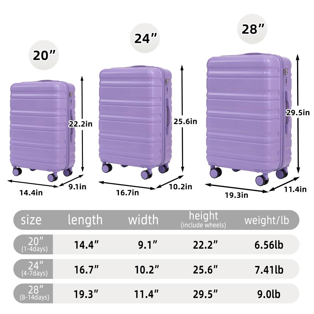 20"  
24"  
28"  
22.2in  
25.6in  
29.5in  
14.4in  
9.1in  
16.7in  
10.2in  
19.3in  
11.4in  
size 20" (1-4days)  
length 14.4"  
width 9.1"  
height weight/lb (include wheels) 22.2" 6.56lb  
24" (4-7days) 28" (8-14days)  
16.7" 19.3"  
10.2" 11.4"  
25.6" 29.5"  
7.41lb 9.0lb