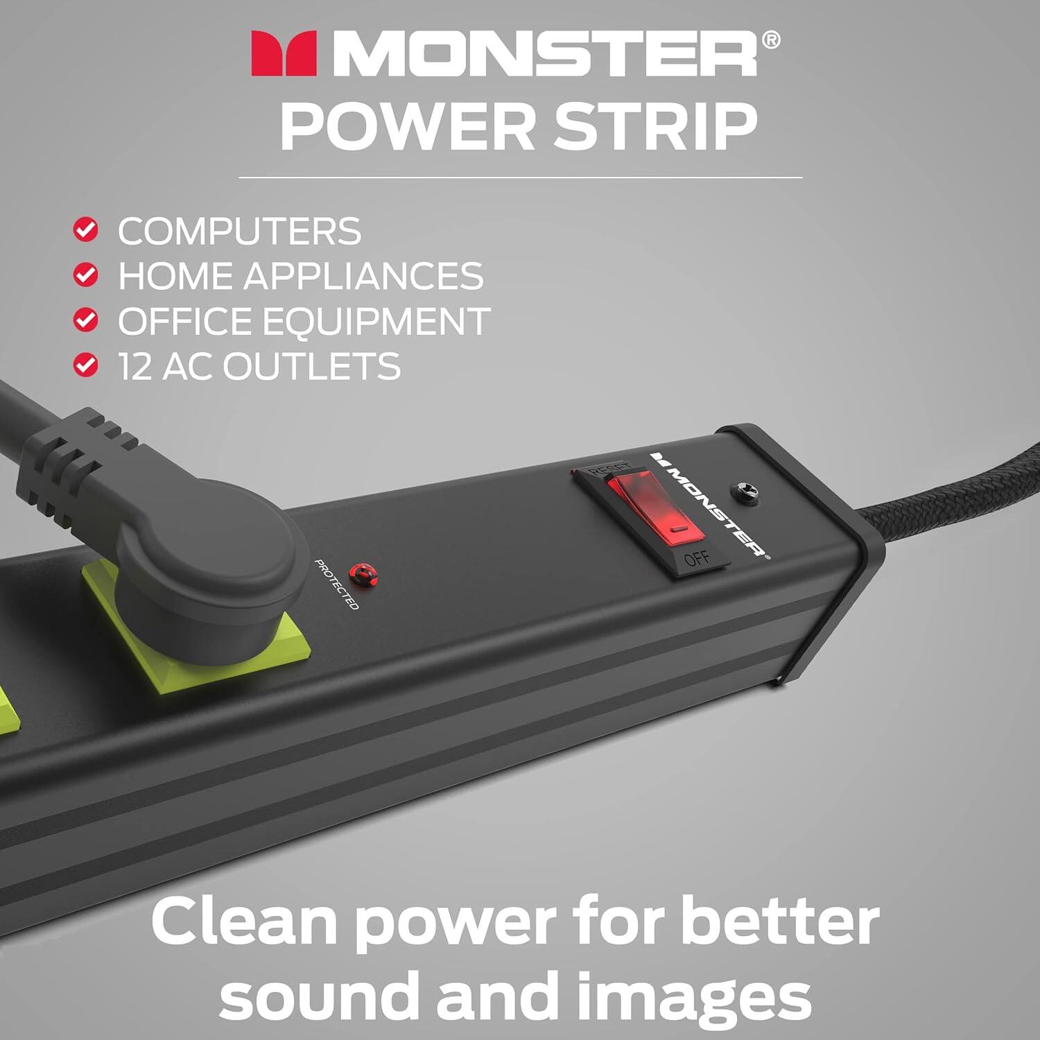 Monster Power Strip: Computers, Home Appliances, Office Equipment, 12 AC Outlets, Protected. Clean Power for Better Sound and Images.