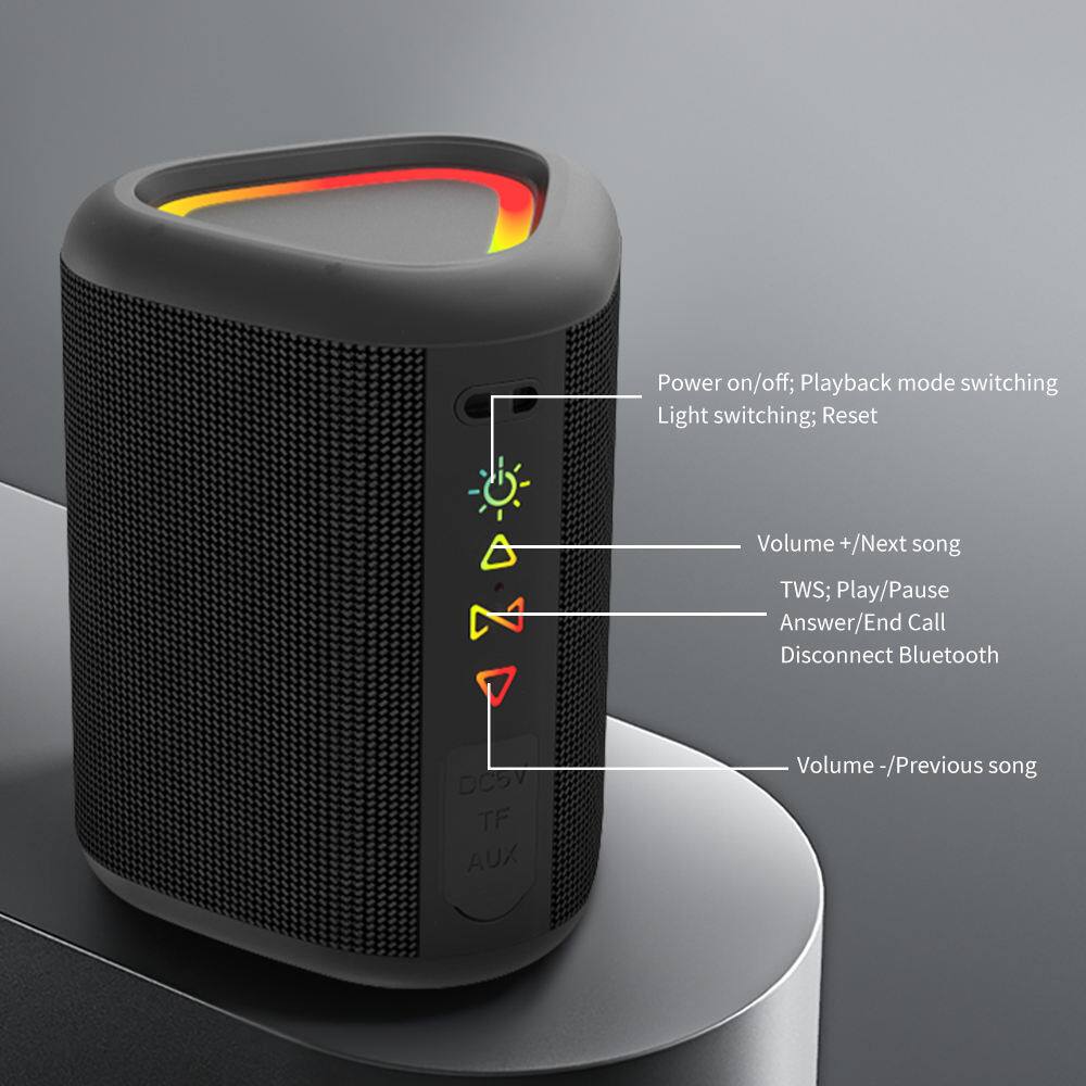 Power on/off; Playback mode switching; Light switching; Reset  
Volume +/Next song  
TWS; Play/Pause; Answer/End Call; Disconnect Bluetooth  
Volume -/Previous song  
DC5V; TF; AUX