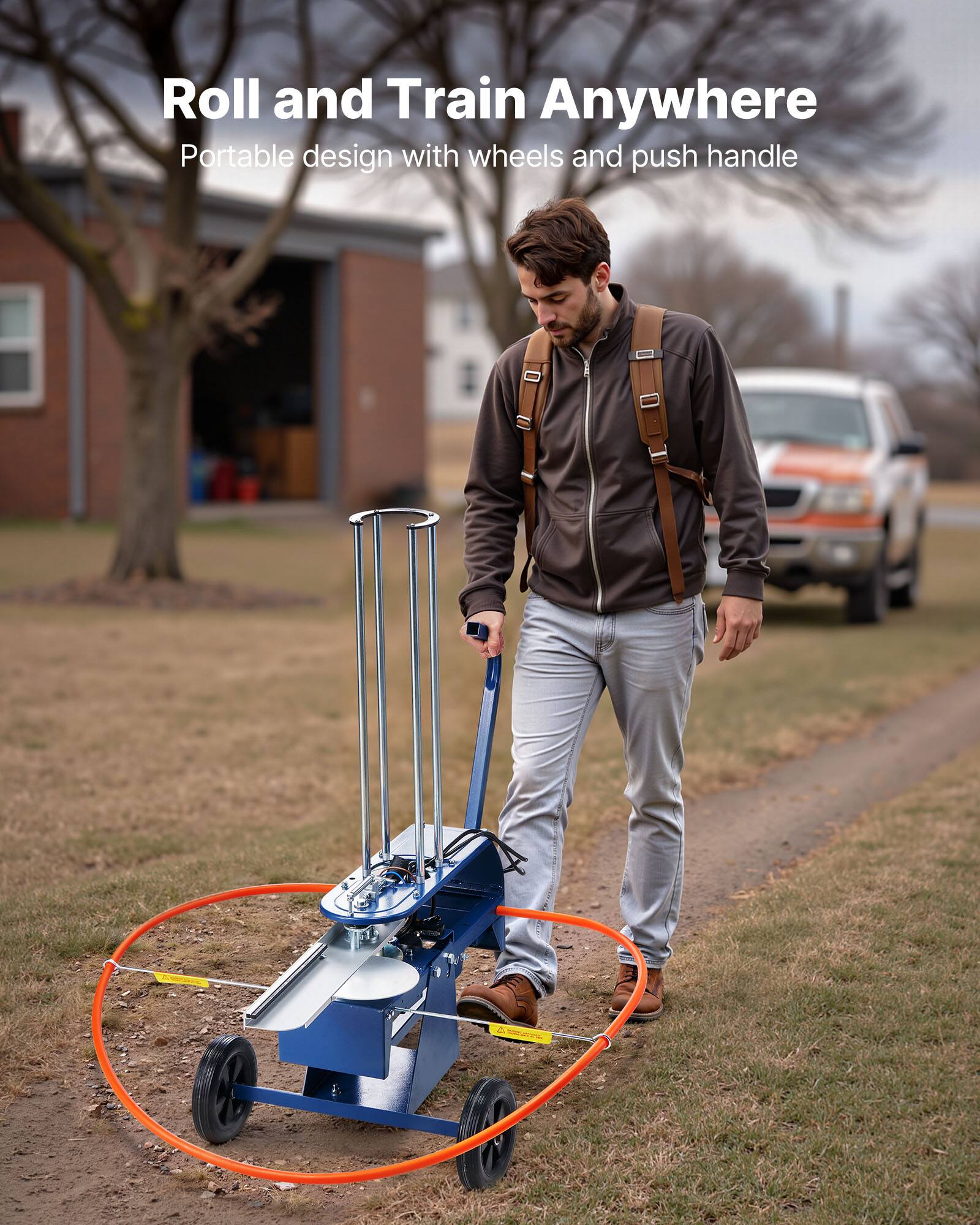 Roll and Train Anywhere  
Portable design with wheels and push handle