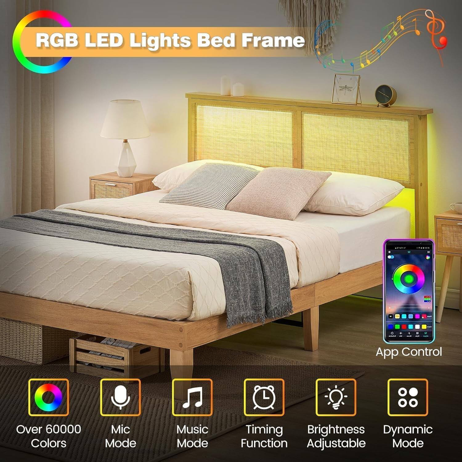 RGB LED Lights Bed Frame

- Over 60000 Colors
- Mic Mode
- Music Mode
- Timing Function
- Brightness Adjustable
- Dynamic Mode
- App Control