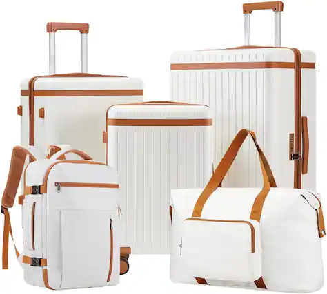 Front. Quick Deer - 5-Piece Spinner Luggage Set with TSA Lock, 180° Travel Backpack and 60L Foldable Duffel Bag for Travel - White & Brown.