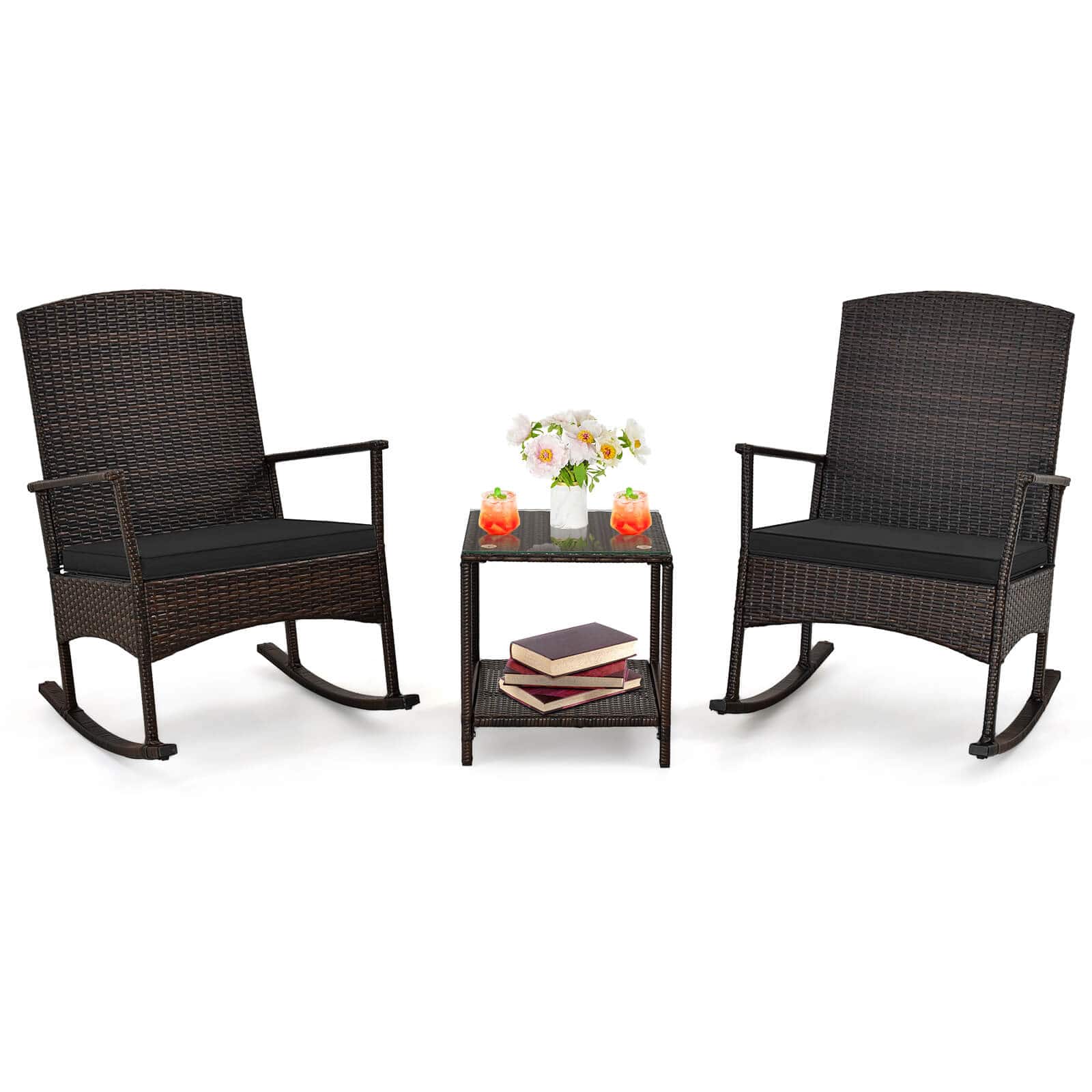 Costway - 3 PCS Patio Rocking Set Wicker Rocking Chairs with 2-Tier Coffee Table - Mix Brown,Black