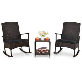 Costway - 3 PCS Patio Rocking Set Wicker Rocking Chairs with 2-Tier Coffee Table - Mix Brown,Black