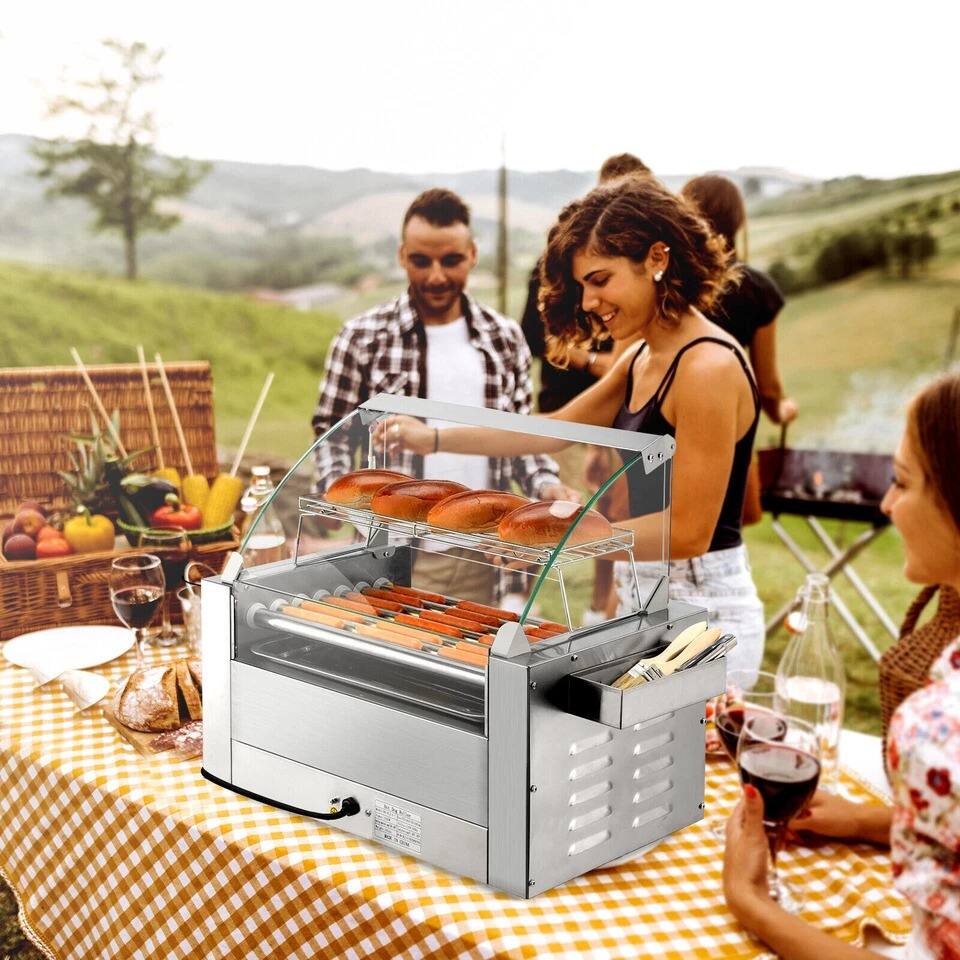 Back. Home Collection - Commercial Electric 18 Hot Dog 7 Roller Grill Cooker Machine with Bun Warmer - Silver.