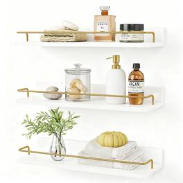 Dazzed Corner - Floating Shelves Wall Decor Set of 3, Bathroom Shelves Over Toilet with Guard Rail - White Gold
