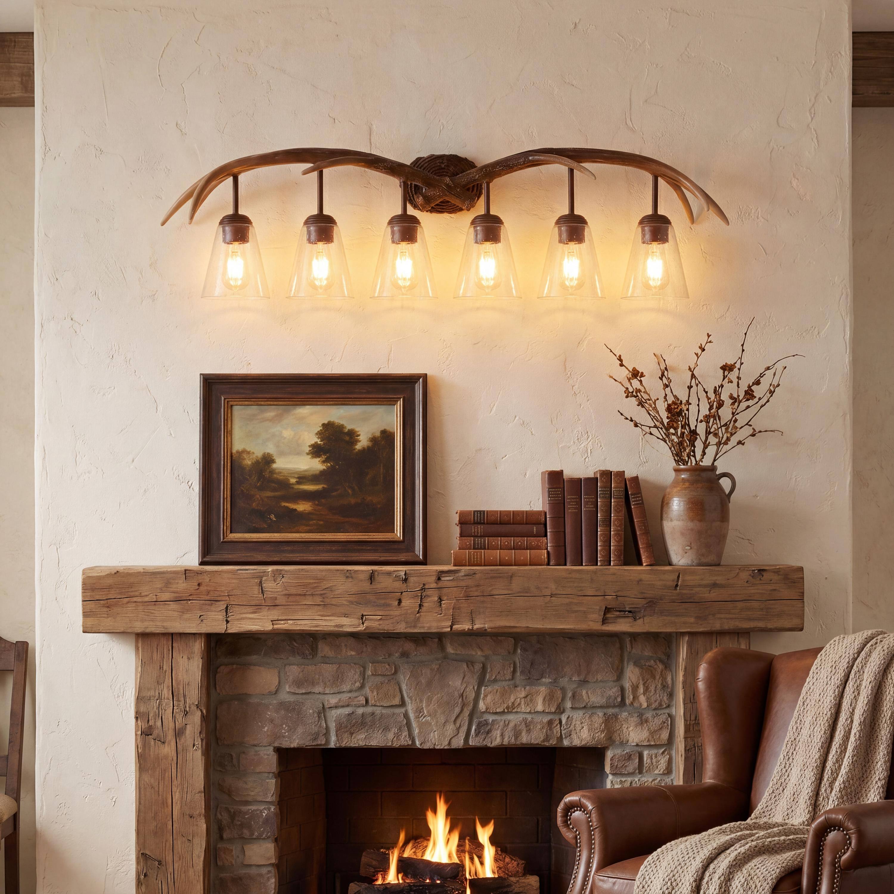 Alt View 8. Jonathan Y - Wyatt 45" 6-Light Southwestern Bohemian Resin/Seeded Glass Faux Antler LED Vanity Light, Brown Wood Finish - Brown Wood Finish.