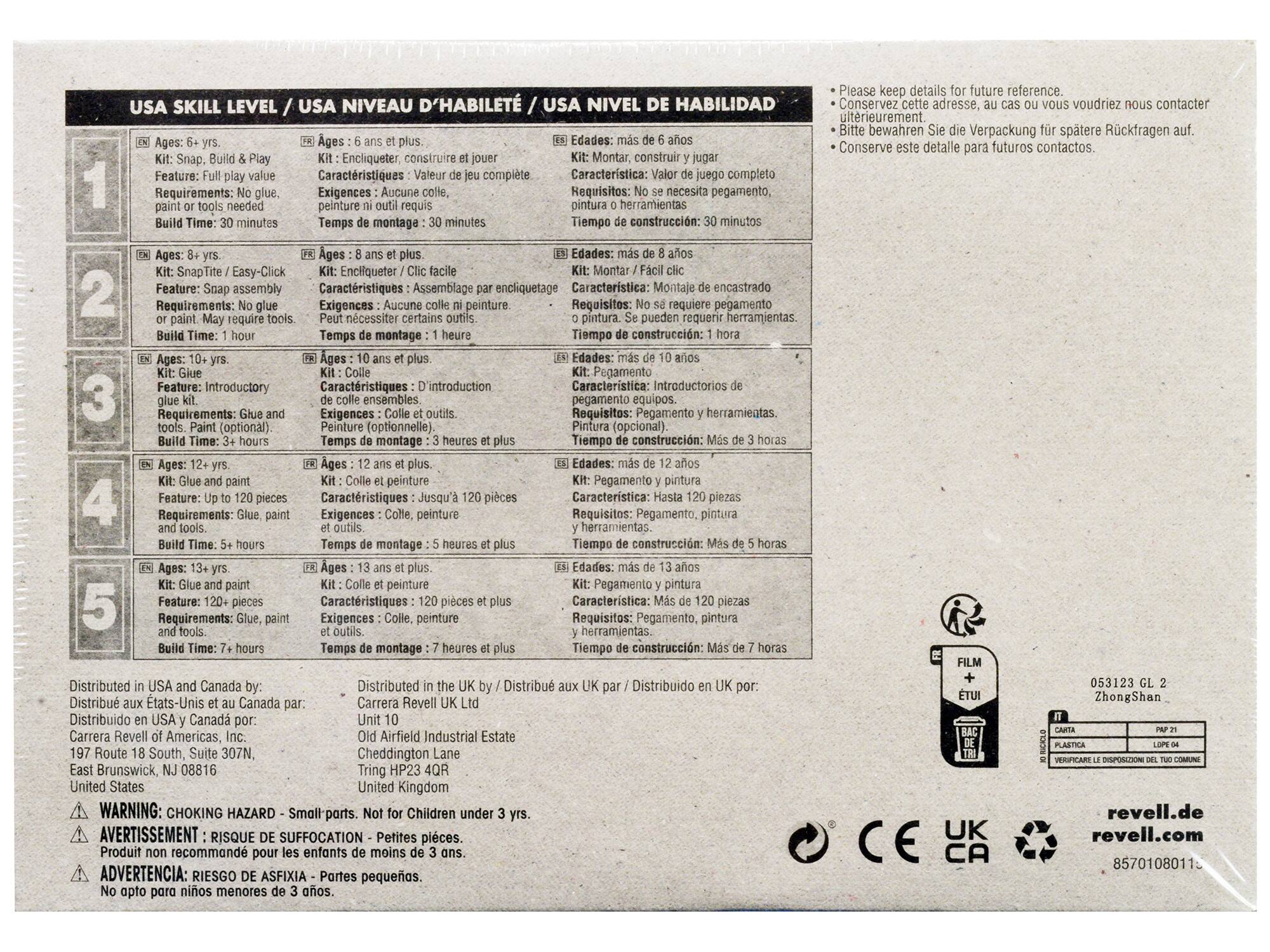 **USA SKILL LEVEL / USA NIVEAU D'HABILITÉ / USA NIVEL DE HABILIDAD**

1. **Ages:** 6 yrs.  
   **Kit:** Snap, Build & Play  
   **Feature:** Full play value  
   **Requirements:** No glue, paint or tools needed.  
   **Build Time:** 30 minutes  

2. **Ages:** 8 yrs.  
   **Kit:** SnapIt / Easy-Click  
   **Feature:** Snap assembly  
   **Requirements:** No glue or paint. May require tools.  
   **Build Time:** 1 hour  

3. **Ages:** 10+ yrs.  
   **Kit:** Glue & Paint  
   **Feature:** Introductory  
   **Requirements:** Glue and tools. Paint (optional).  
   **Build Time:** 3+ hours  

4. **Ages:** 12+ yrs.  
   **Kit:** Glue and paint  
   **Feature:** Up to 120 pieces  
   **Requirements:** Glue, paint and tools.  
   **Build Time:** 5+ hours  

5. **Ages:** 13+ yrs.  
   **Kit