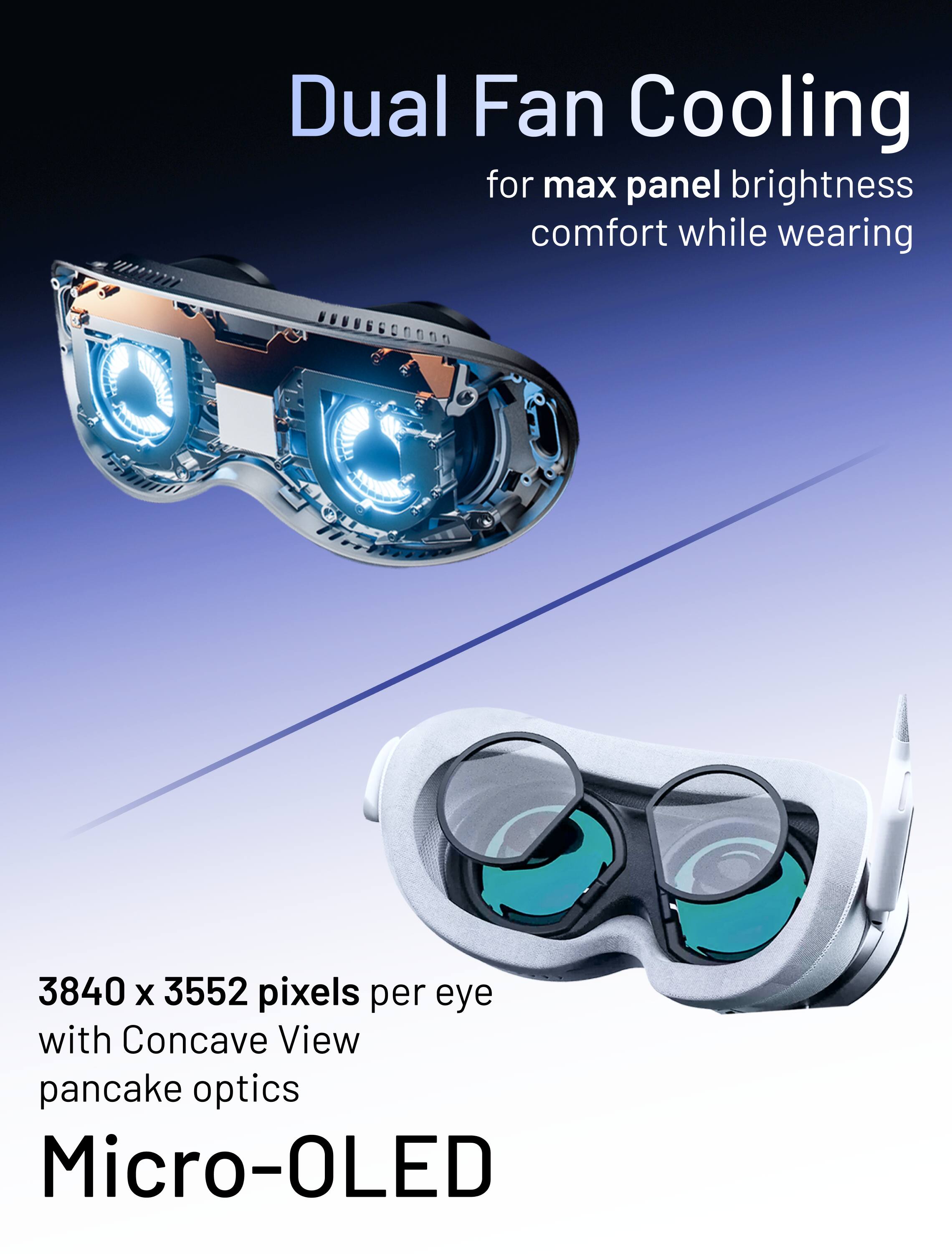 Dual Fan Cooling for max panel brightness comfort while wearing

3840 x 3552 pixels per eye with Concave View pancake optics Micro-OLED