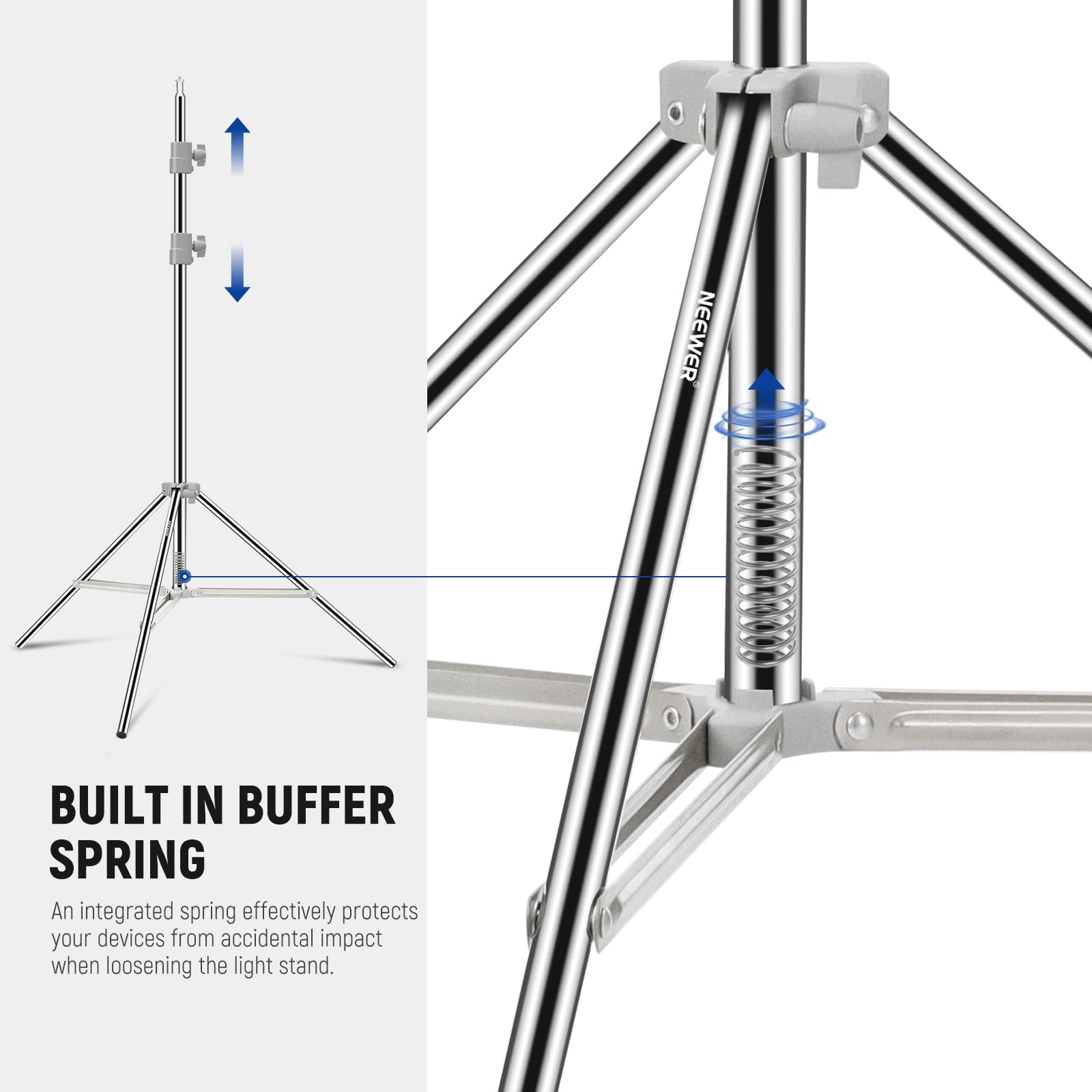 BUILT IN BUFFER SPRING

An integrated spring effectively protects your devices from accidental impact when loosening the light stand.