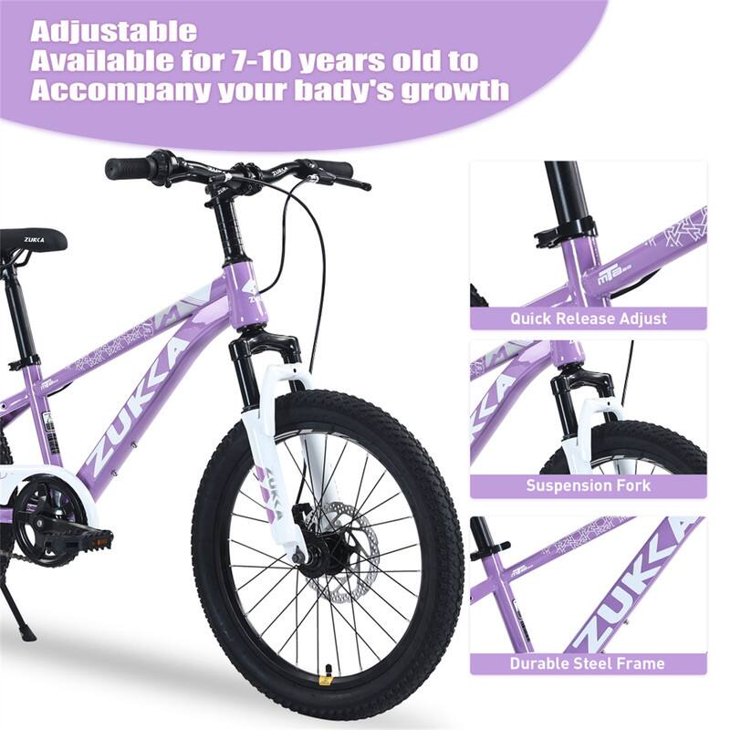 Adjustable  
Available for 7-10 years old to Accompany your baby's growth  

ZURCA ZUKA  
Quick Release Adjust  
Suspension Fork  
Durable Steel Frame
