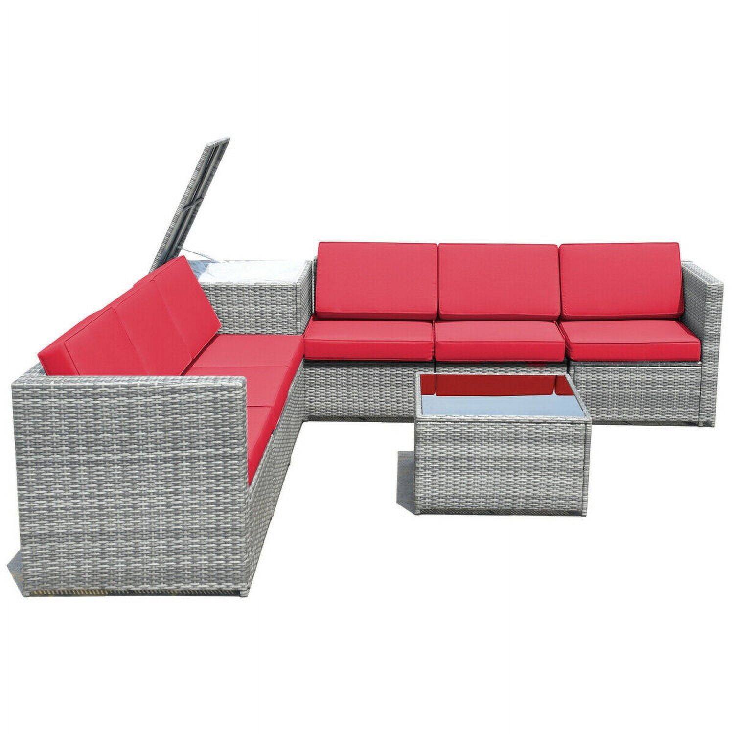 Alt View 2. Kadyn - 8 Piece Wicker Sofa Rattan Dinning Set Patio Furniture with Storage Table-Red, Patio Seating Conversation Set - Red.