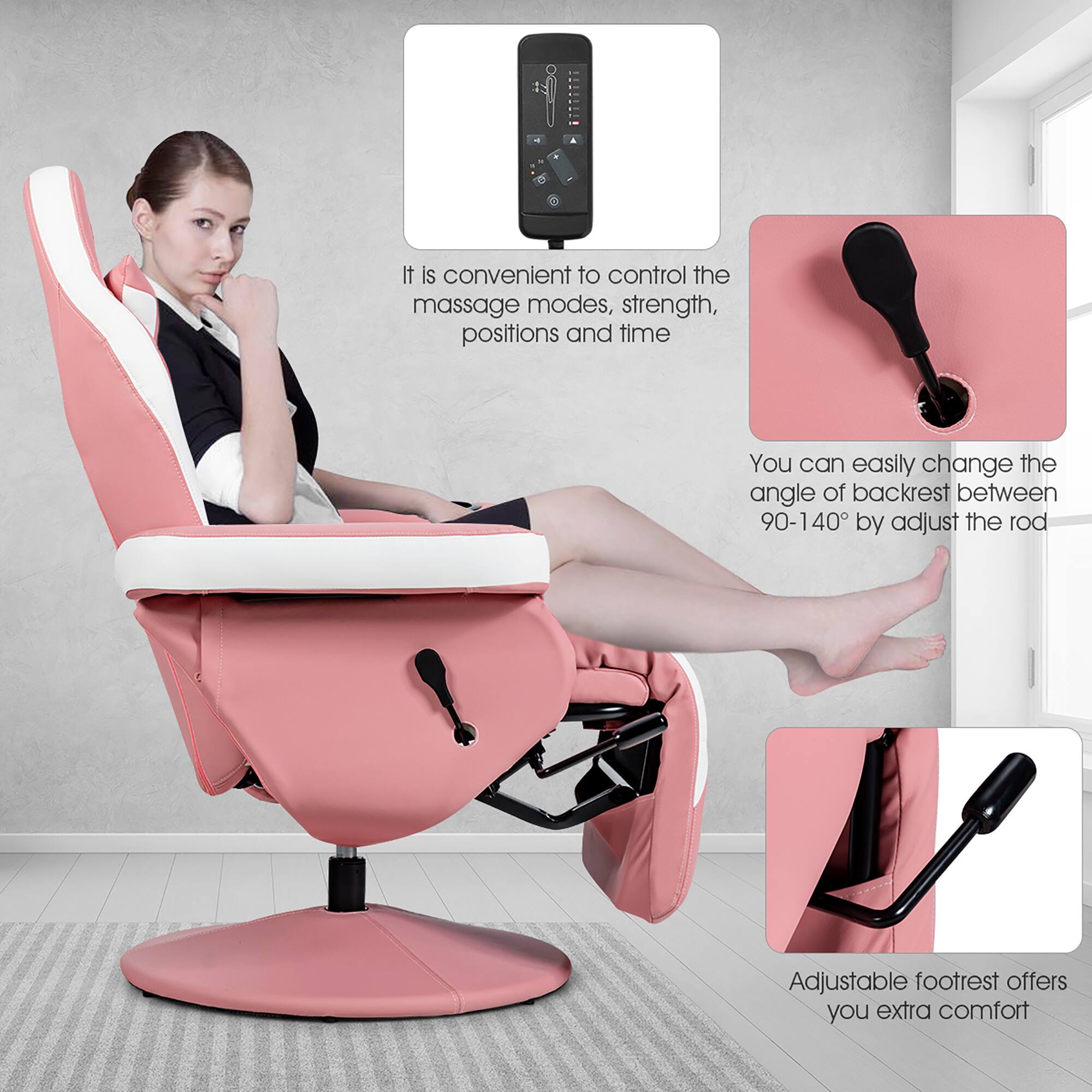 The text on the image is describing a massage chair with various features. The chair is designed to provide convenience in controlling the massage modes, strength, positions, and time. The user can easily change the angle of the backrest between 90-140 degrees by adjusting the rod. Additionally, the chair offers an adjustable footrest for extra comfort.