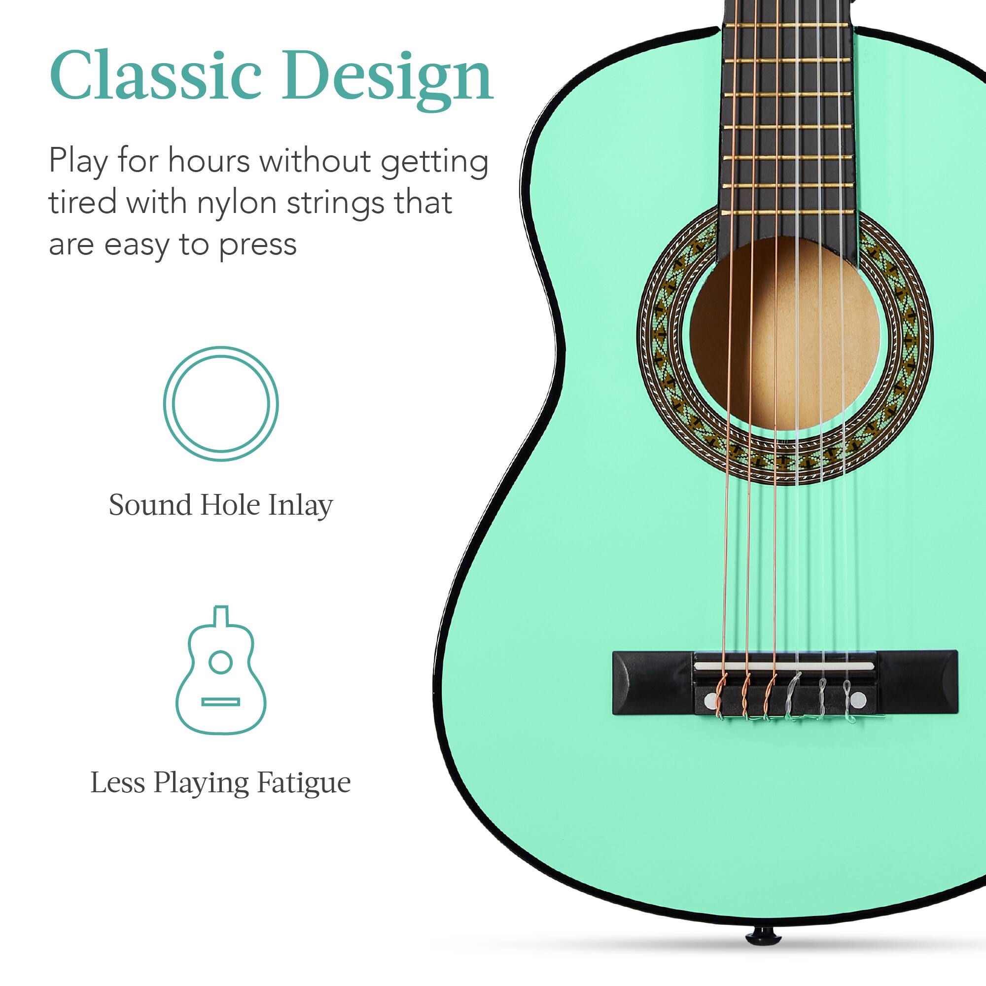 Classic Design

Play for hours without getting tired with nylon strings that are easy to press

Sound Hole Inlay

Less Playing Fatigue