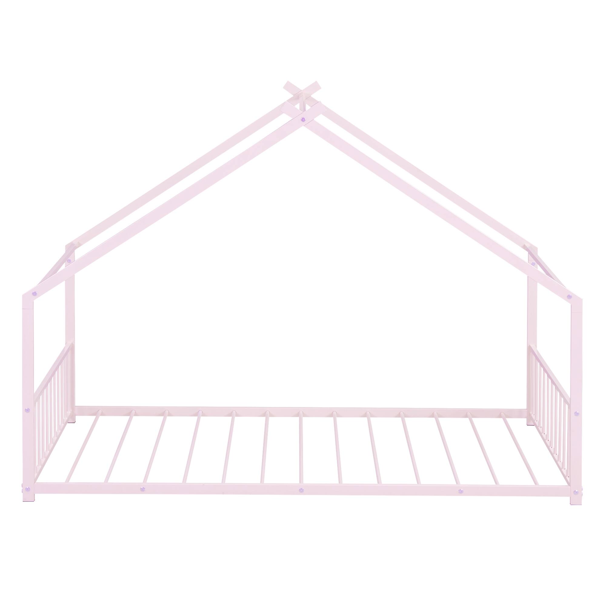 Alt View 1. GOODSILO - Twin Size Metal House Frame Bed with Playful Roof Design for Children's Bedroom and Play Area - Pink.