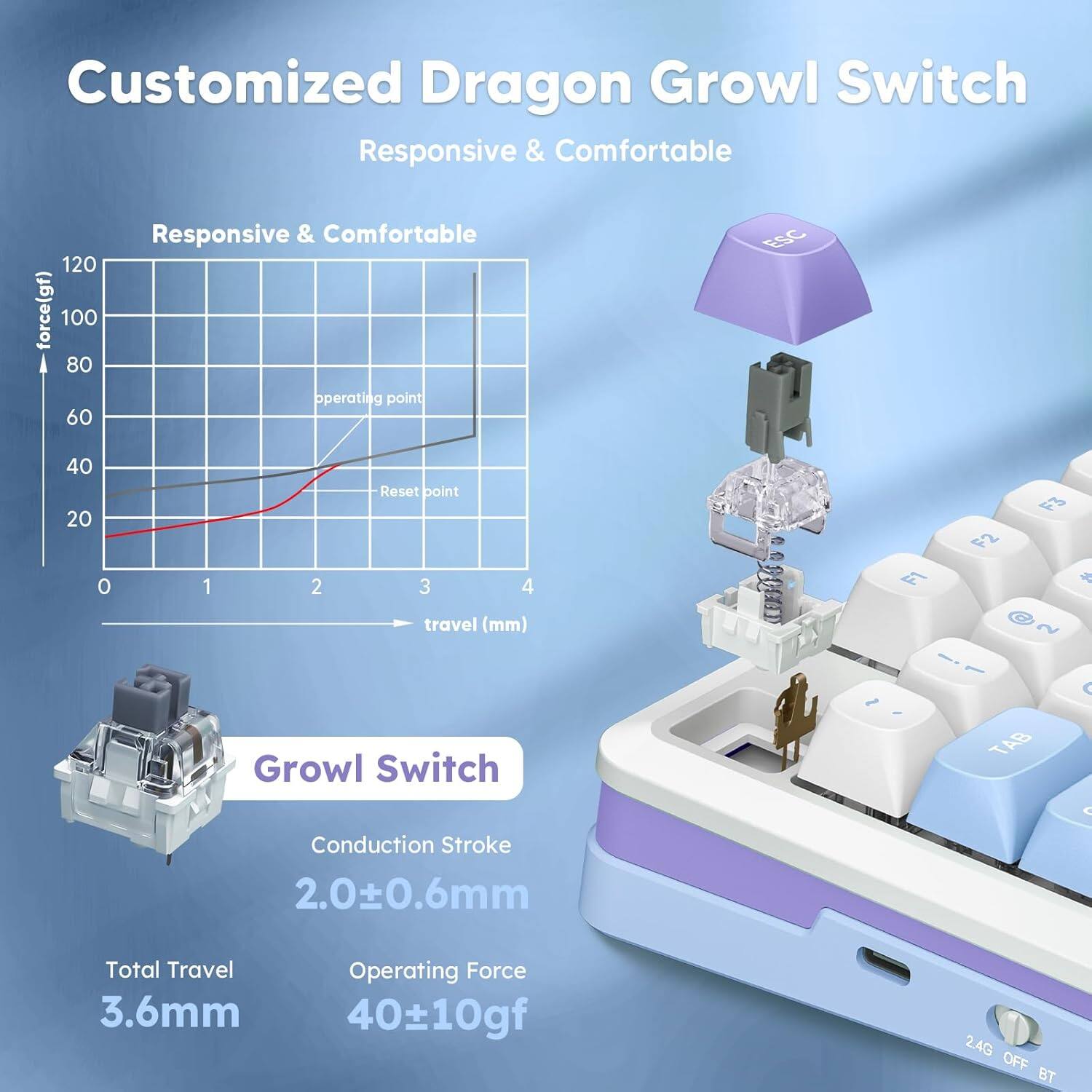 Customized Dragon Growl Switch Responsive & Comfortable 120 force(gf) 100 80 60 Responsive & Comfortable operating point ESC 40 20 0 1 Reset point 2 3 4 travel (mm) Growl Switch Conduction Stroke 2.00.6mm F3 F2  +  - I  TAB  Total Travel 3.6mm Operating Force 4010gf 2.4G OFF BT