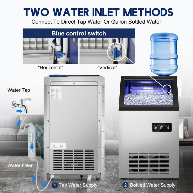 TWO WATER INLET METHODS  
Connect To Direct Tap Water Or Gallon Bottled Water  

Blue control switch  
"Horizontal" "Vertical"  

Water Tap  
Water Filter  
1 Tap Water Supply  
2 Bottled Water Supply