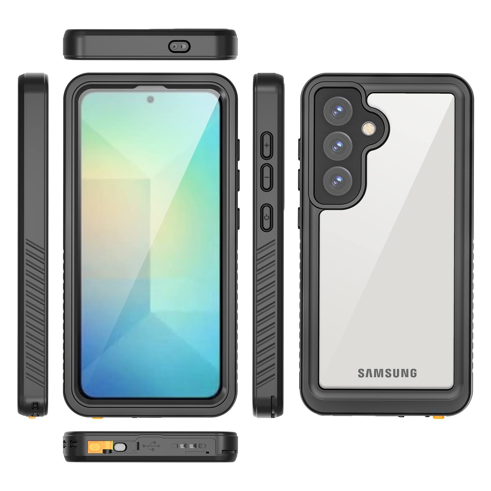 Angle. UUCOVER - Waterproof Case for Samsung Galaxy S25,Shockproof Full Body Protective Case with Screen Protector Clear Back Cover - Black.