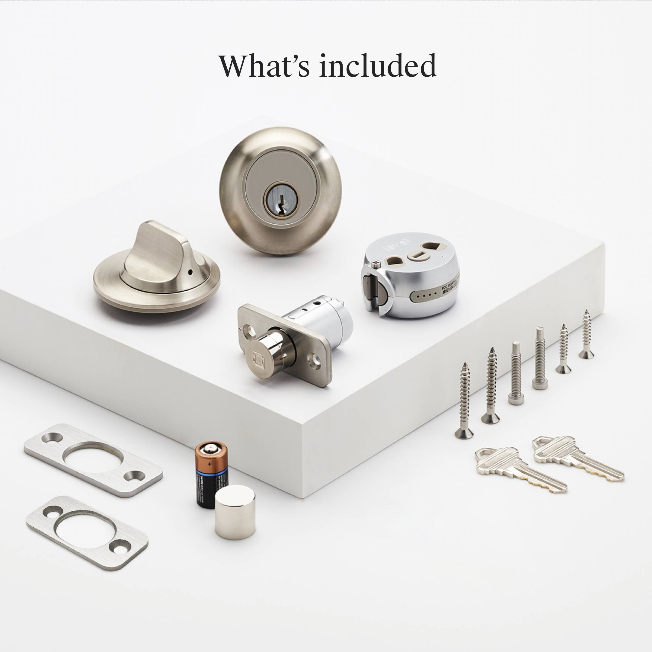 What's included

- Door knob
- Door handle
- Lock cylinder
- Battery
- Screws
- Keys
- Mounting plates