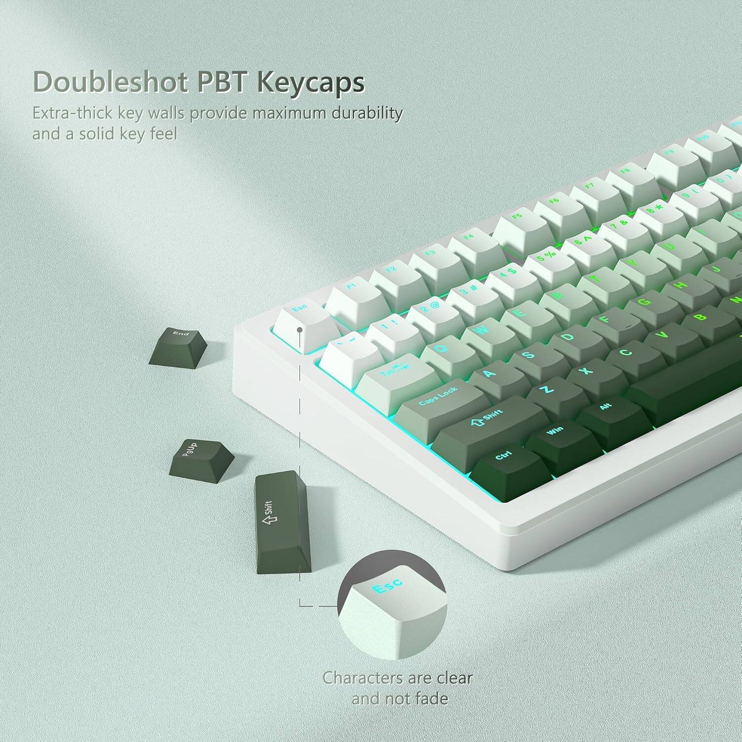 Doubleshot PBT Keycaps  
Extra-thick key walls provide maximum durability and a solid key feel  

Characters are clear and not fade