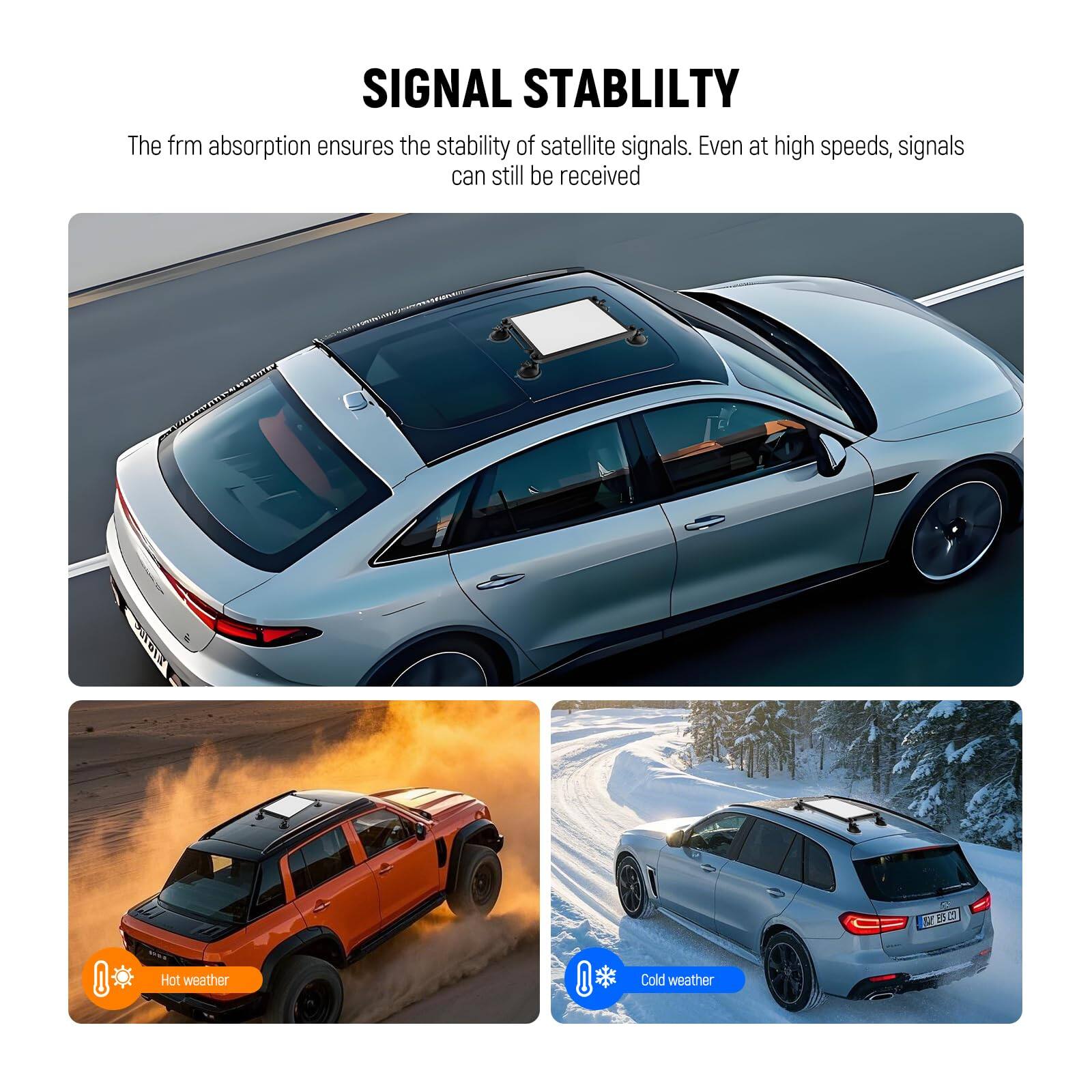 SIGNAL STABILITY

The firm absorption ensures the stability of satellite signals. Even at high speeds, signals can still be received

Hot weather

Cold weather