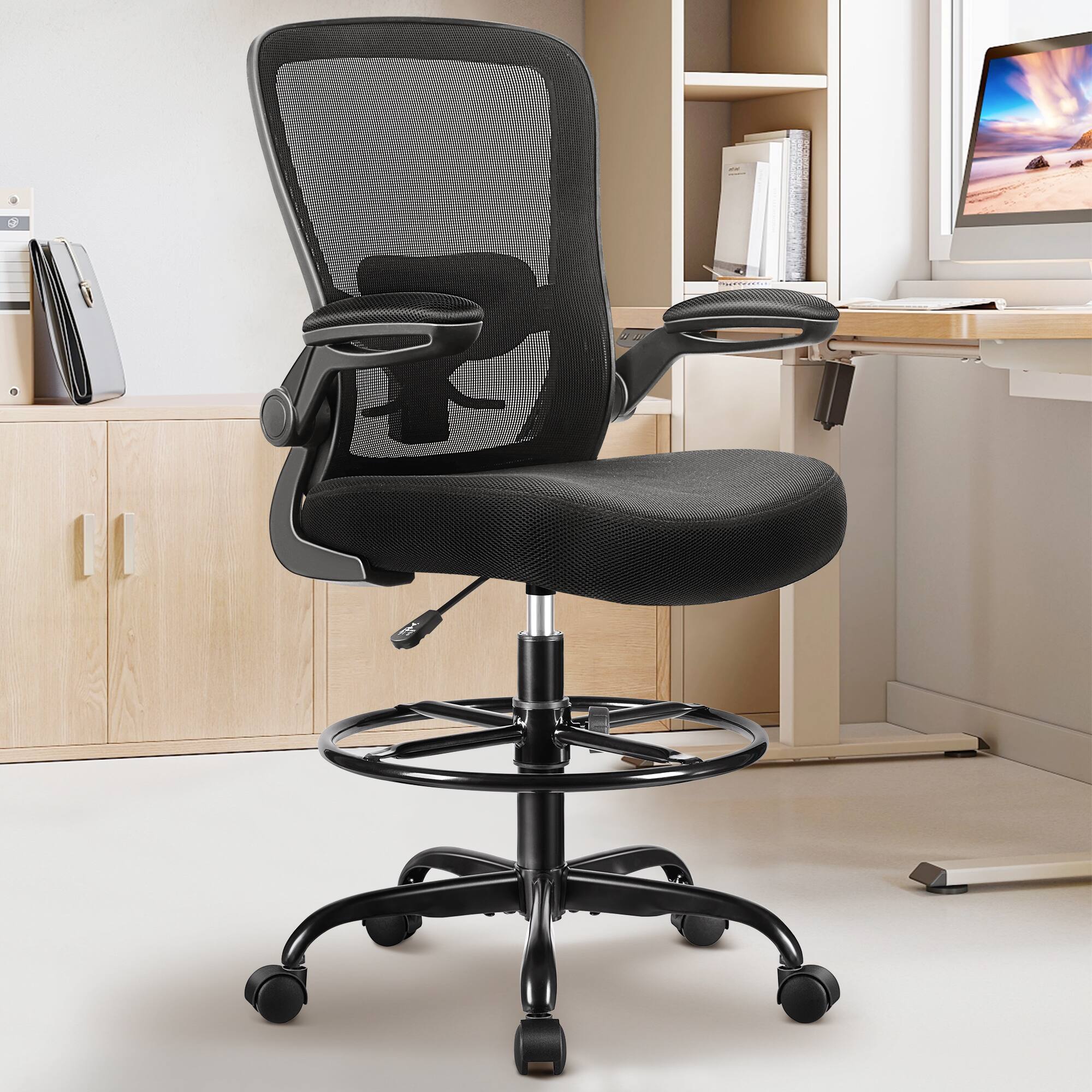 Alt View 3. KERDOM - High Back Drafting Chair Ergonomic Tall Office Chair With Lumbar Support Breathable Mesh Painting Chair, Flip-up Armrest - Black.