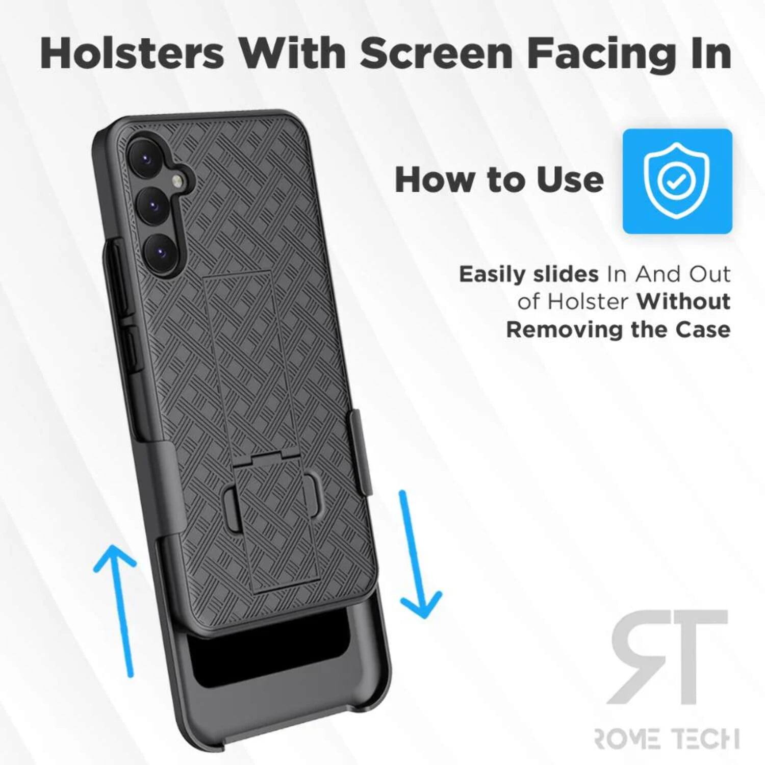 Holsters With Screen Facing In  
How to Use  
Easily slides In And Out of Holster Without Removing the Case  
ROME TECH