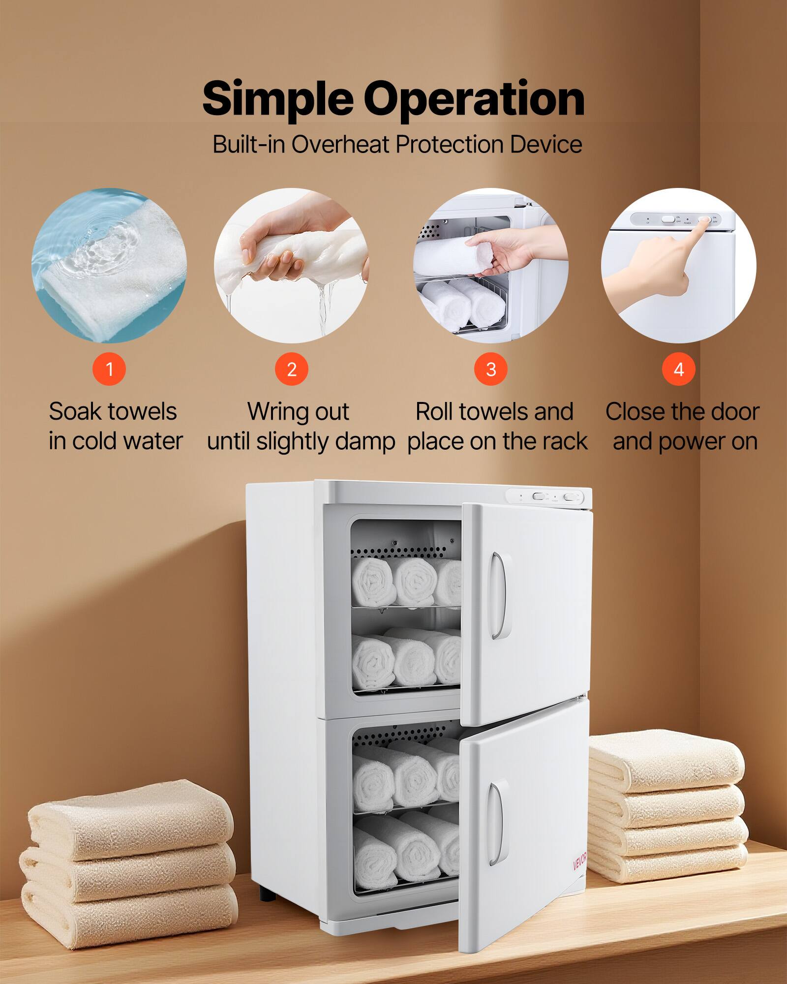 Simple Operation  
Built-in Overheat Protection Device

1. Soak towels in cold water
2. Wring out until slightly damp
3. Roll towels and place on the rack
4. Close the door and power on