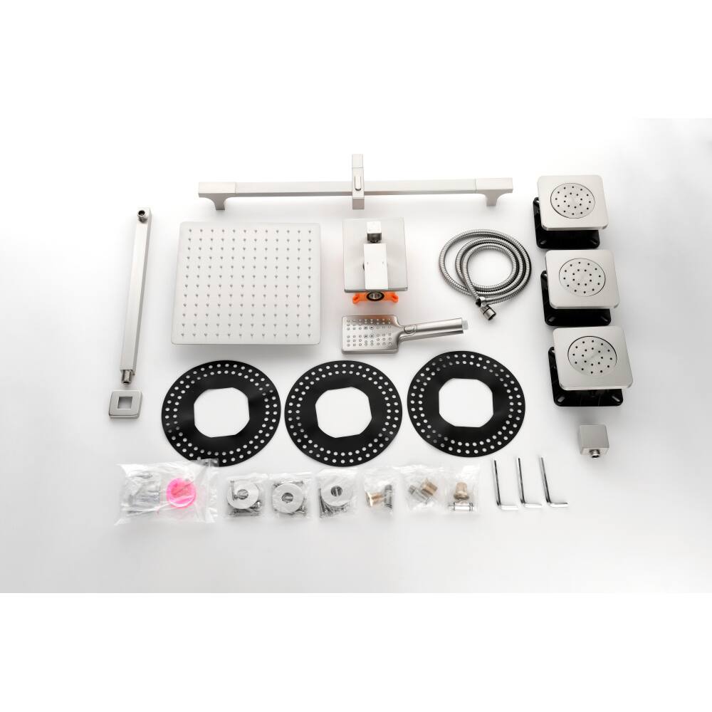 Back. JUJABU - Brushed Nickel Shower System with Shower Head, Slide Bar, Bodysprays, Shower Arm, Hose, Valve Trim, and Lever Handles - Brushed Nickel.