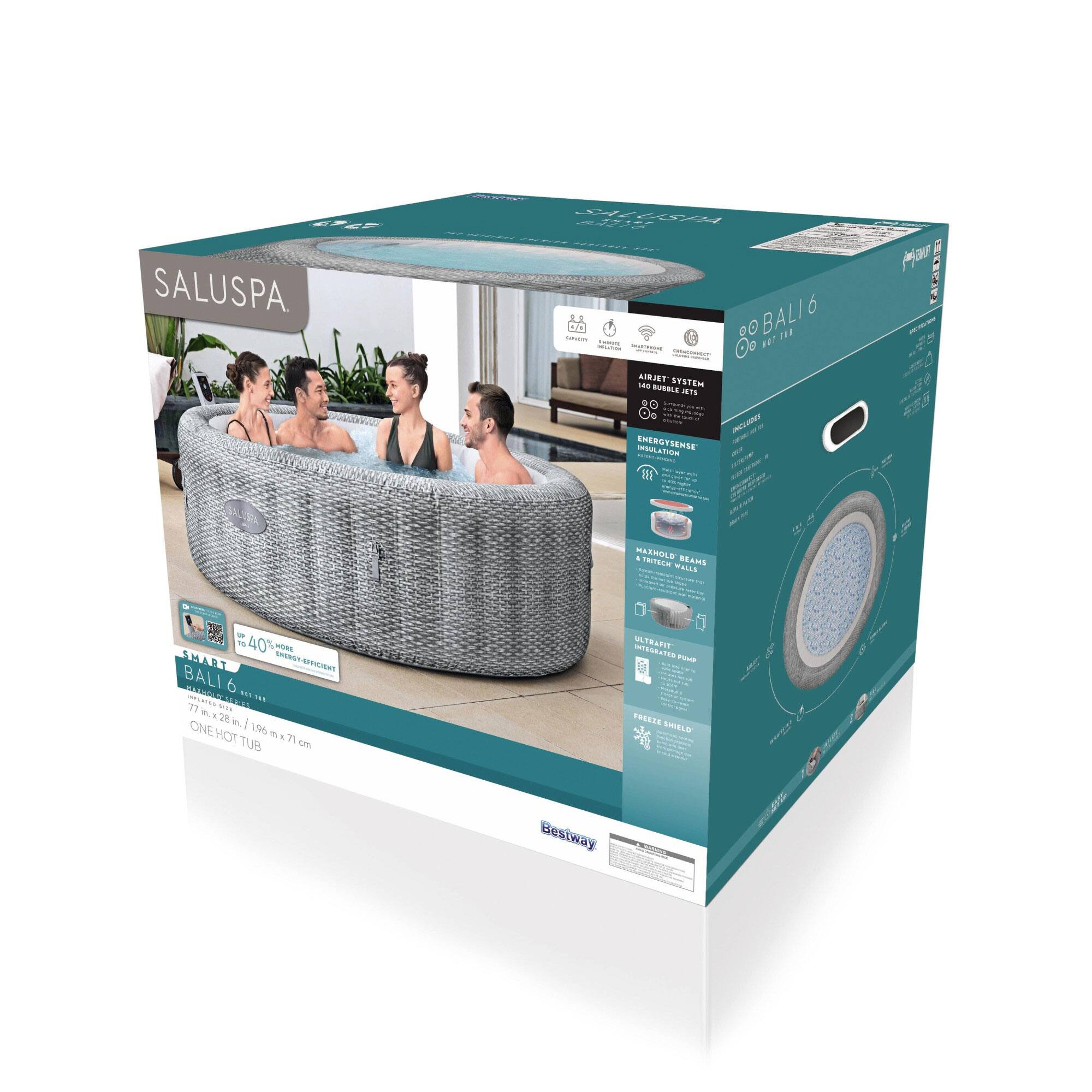 SALUSPA BALI 6

- AIR-JET SYSTEM
- ENERGYSENSE INSULATION
- MAXHOLD BEADS
- ULTRA-FITTED DRAIN
- FREEZE SHIELD

SMART 40° ENERGY EFFICIENT

77" DIAMETER / 190 cm x 71 cm

ONE HOT TUB

Bestway