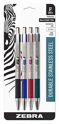 Zebra - F-301 Retractable Ballpoint Pen, Fine Point, 0.7mm, 4 Pack - Assorted Ink