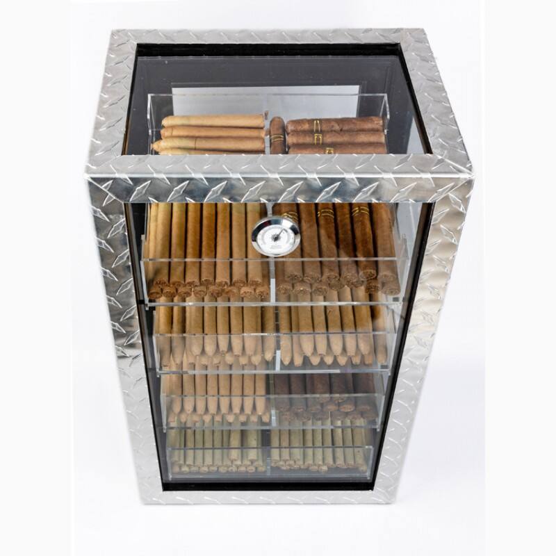 Alt View 1. Prestige - Diamond Plate Display Humidor - Polished Industrial Diamond Plate Metal Exterior.