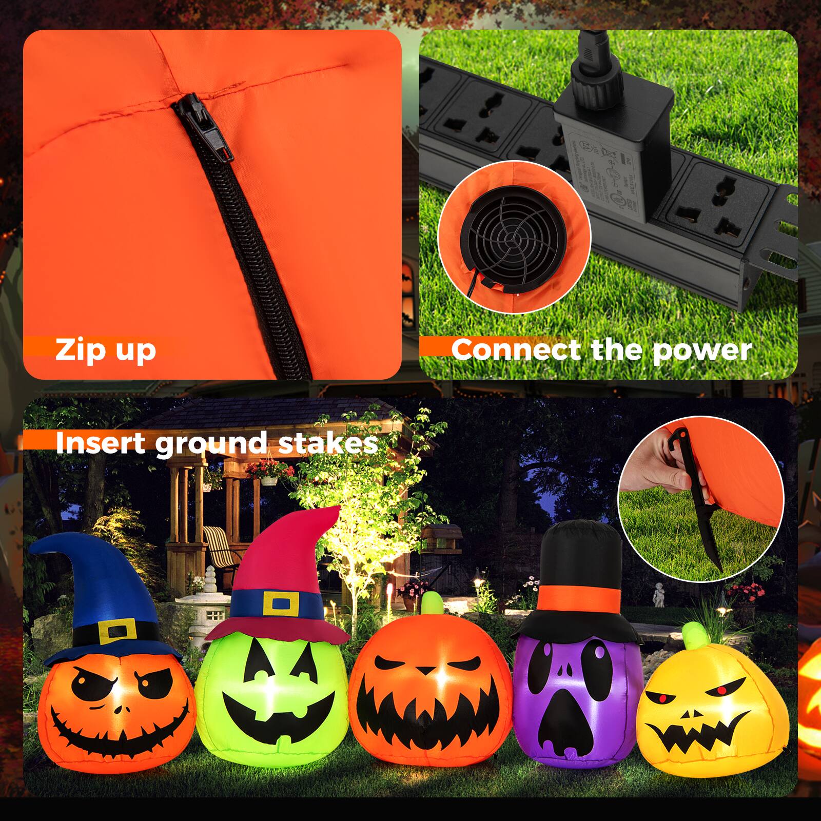 1. Zip up: The text "Zip up" is associated with the orange life jacket.
2. Connect the power: The text "Connect the power" is associated with the black electrical outlet.
3. Insert ground stakes: The text "Insert ground stakes" is associated with the orange life jacket.