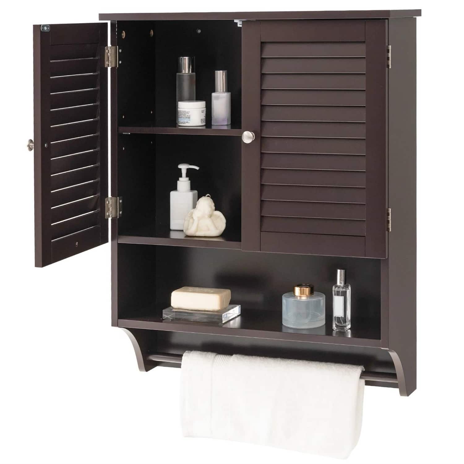 SlickBlue - Bathroom Medicine Cabinet with Towel Bar and Louvered Doors, Wall-Mount Design - Brown