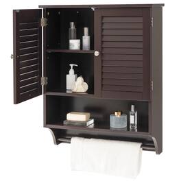 SlickBlue - Bathroom Medicine Cabinet with Towel Bar and Louvered Doors, Wall-Mount Design - Brown