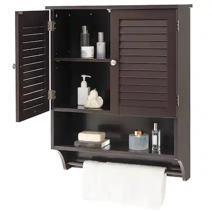 Front. Hivvago - Brown Wall-Mounted Bathroom Medicine Cabinet with Louver Doors and Towel Bar - Brown.