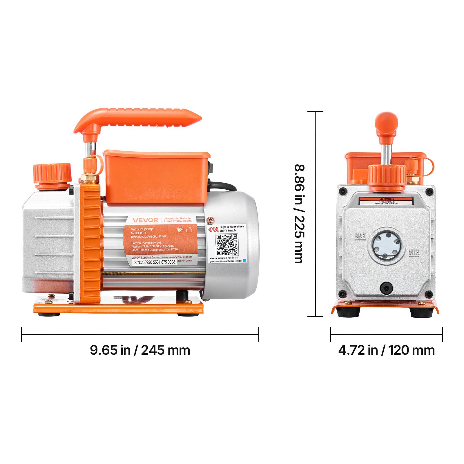 - VEVOR
- Vacuum pump
- Model: AC200V220/230V 1/2 HP
- Made in China
- Made by: Shenzhen Technology Co., Ltd.
- Place of Sale: Vevor Support Center, www.vevor.com
- SN: 25980253 875 0008

- 8.86 in / 225 mm
- 9.65 in / 245 mm
- 4.72 in / 120 mm