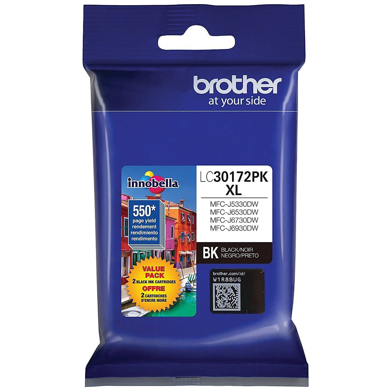 brother  
at your side  

innobella  
LC30172PK  
XL  

550* page yield  
rendement  
rendimiento  
rendimento  
rendimento  

MFC-J5330DW  
MFC-J6530DW  
MFC-J6730DW  
MFC-J6930DW  

BK BLACK/NOIR  
NEGRO/PRETO  

VALUE PACK  
2 BLACK INK CARTRIDGES  
OFFRE  
2 CARTOUCHES D'ENCRE NOIRE  

brother.com/id/  
W1R8BUG  

