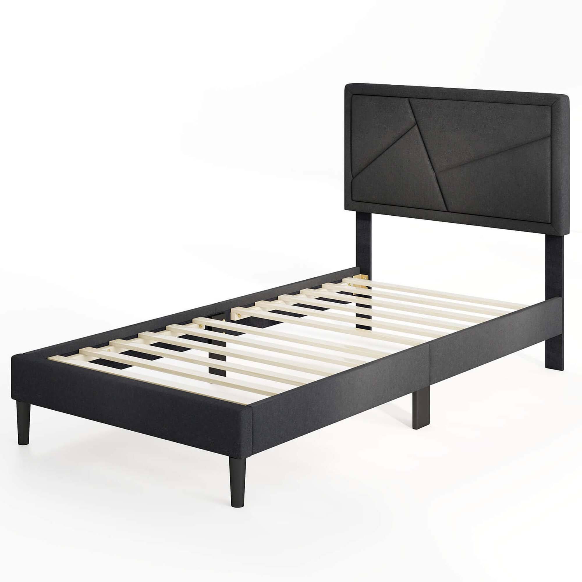 Front. Costway - Twin Size Bed Frame with High Headboard & Wooden Slats No Box Spring Needed - Gray.