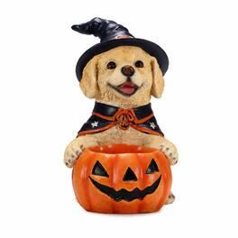 RYHNUYNE - Halloween Labrador Retriever Witch Puppy Figurine with Pumpkin Candy Bowl, Hand-Painted Resin Dog Decor - Beige