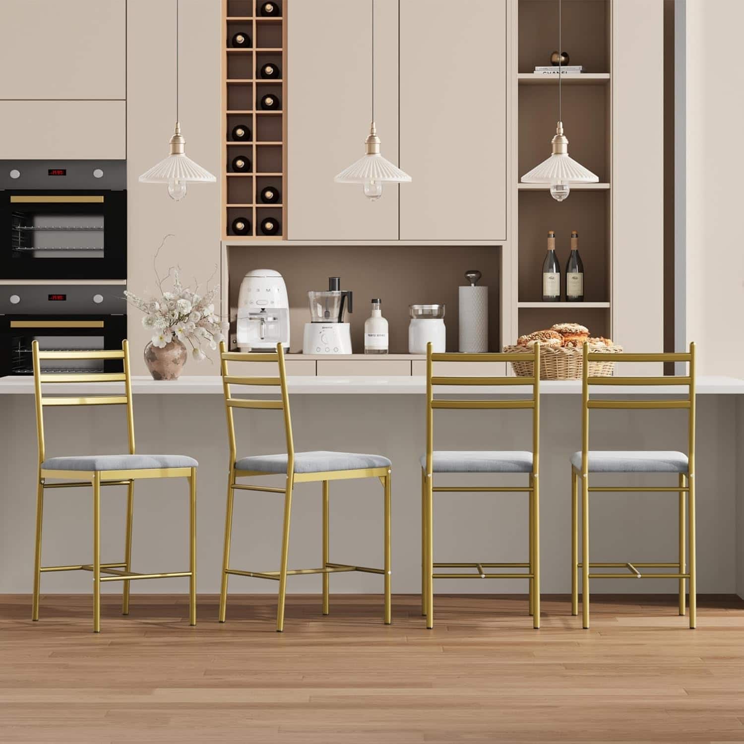 GARVEE - Bar Stools Set of 4, 26 inches Height Bar Stools with Back & Thick Cushion,Upholstered Counter Height Bar Stools - Gold