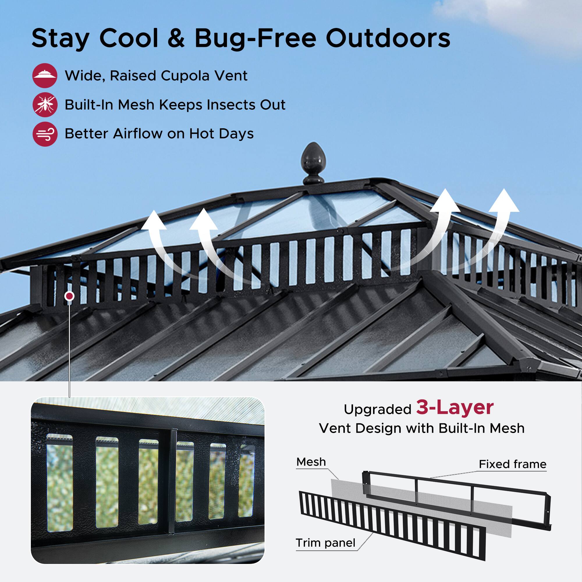 Stay Cool & Bug-Free Outdoors

- Wide, Raised Cupola Vent
- Built-In Mesh Keeps Insects Out
- Better Airflow on Hot Days

Upgraded 3-Layer Vent Design with Built-In Mesh

- Mesh
- Fixed frame
- Trim panel