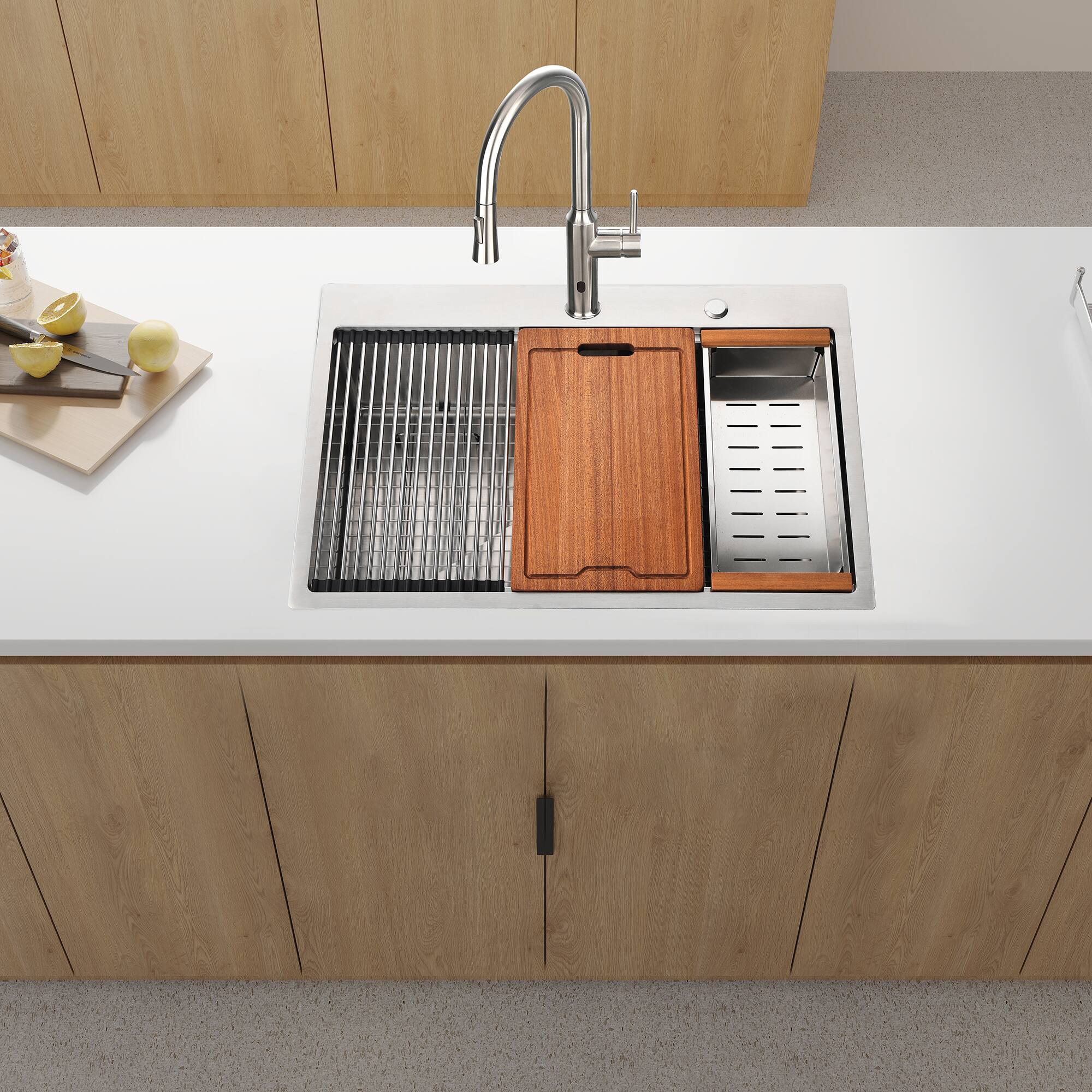 Back. ELEMENT ACE - 33" Drop-in Single Bowl Stainless Steel Kitchen Sink with Workstation - Brushed Nickel.