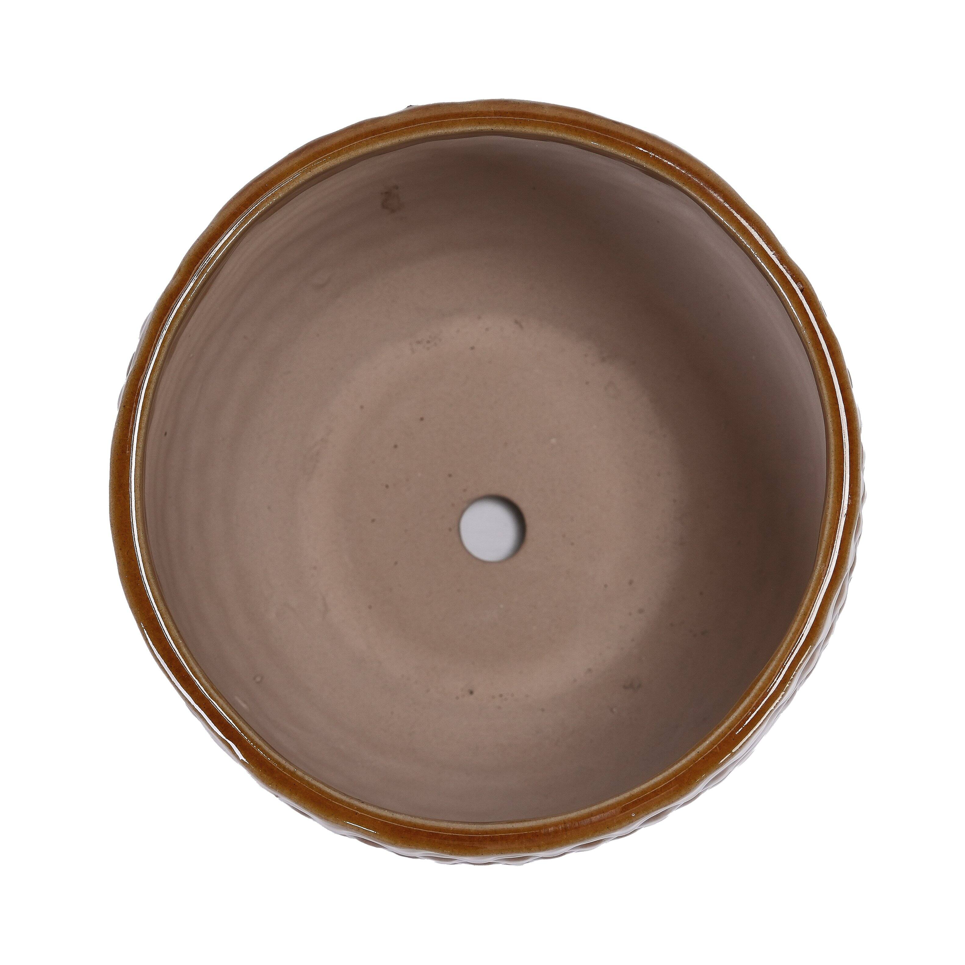 Alt View 7. Loheer - Loheer Ceramic Planter Set, Handmade Glazed Planter Set of 3 with Drainage, Diamond Pattern Terracotta Brown Pots.
