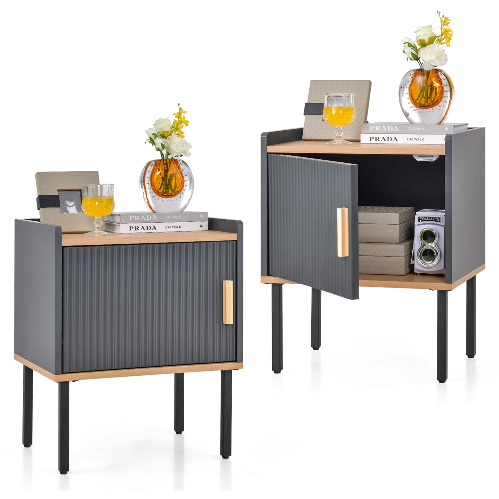 Costway - 2 PCS Nightstand Bedside End Table with Door Cabinet for Living Room Bedroom - Gray
